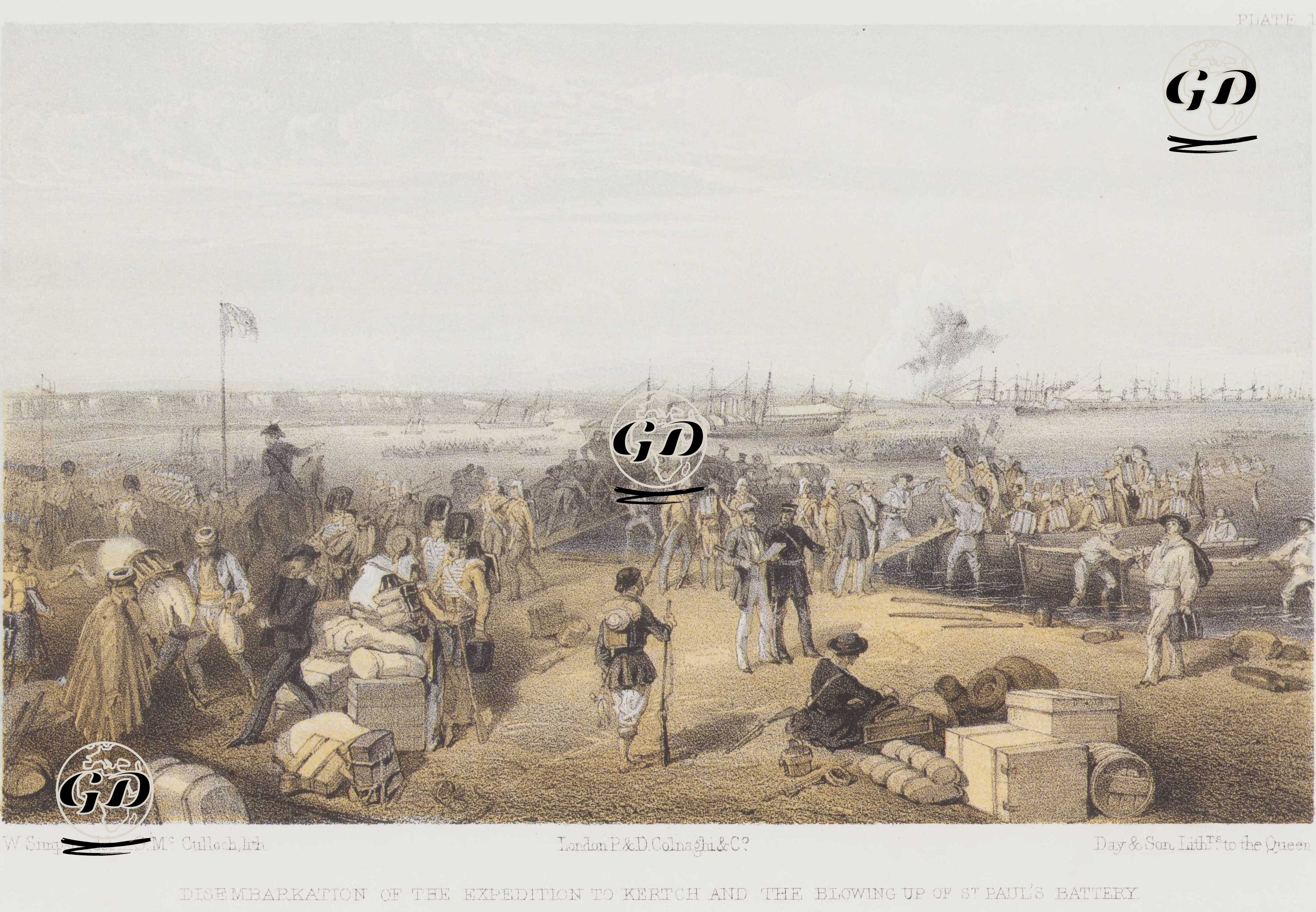 1853-1856 Osmanlı-Rus Savaşı (Kırım Savaşı) Sırasında Kerç Şehrine Yapılan Çıkarma Operasyonu ve Aziz Paul Bataryası’nın Havaya Uçurulması (Plate 1) - William Simpson (1823-1899) - 1856