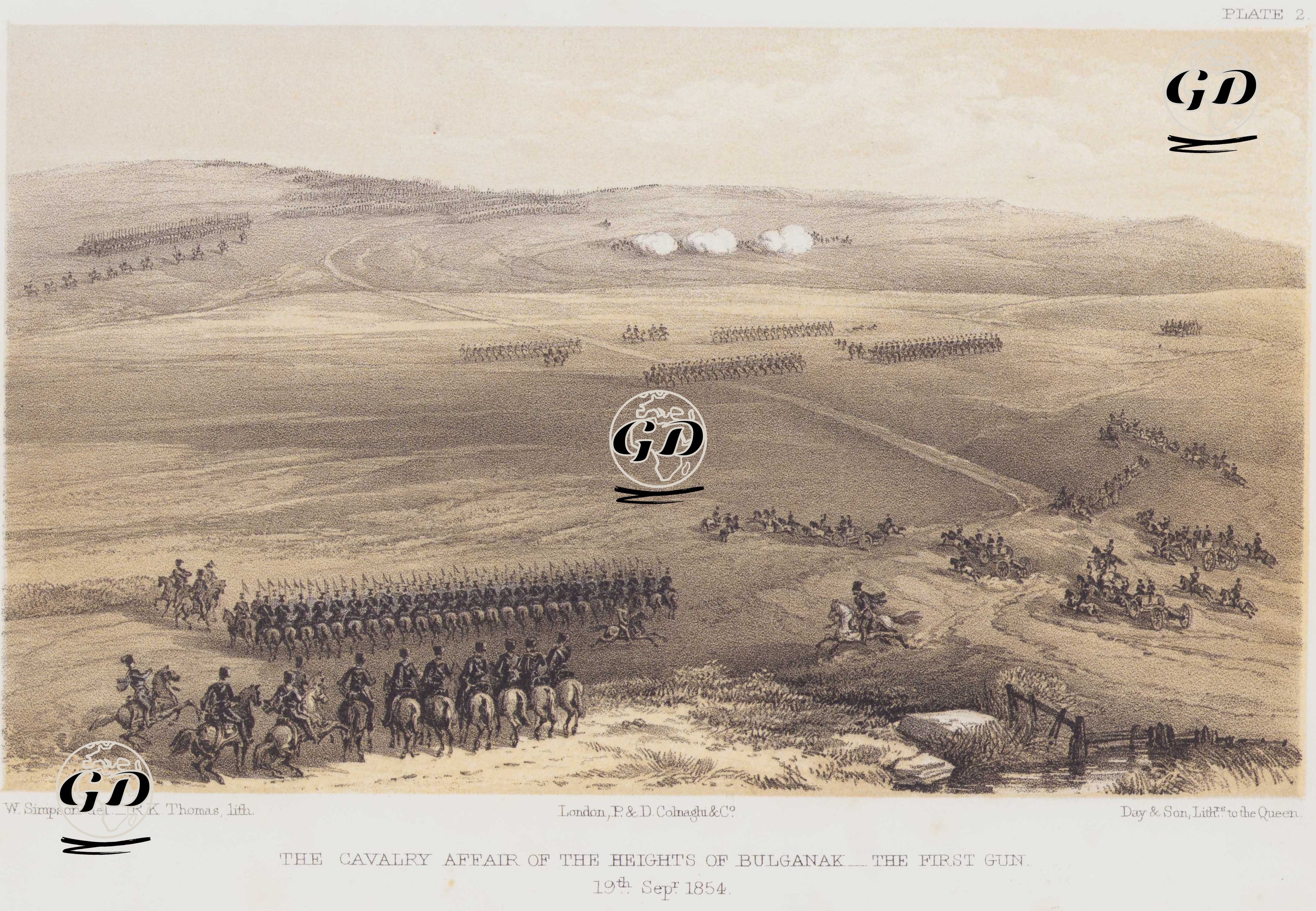 1853-1856 Osmanlı-Rus Savaşı (Kırım Savaşı) Sırasında Bulganak Tepeleri’nde Süvari Çatışması-İlk Top Atışı, 19 Eylül 1854 (Plate 2) - William Simpson (1823-1899) - 1856