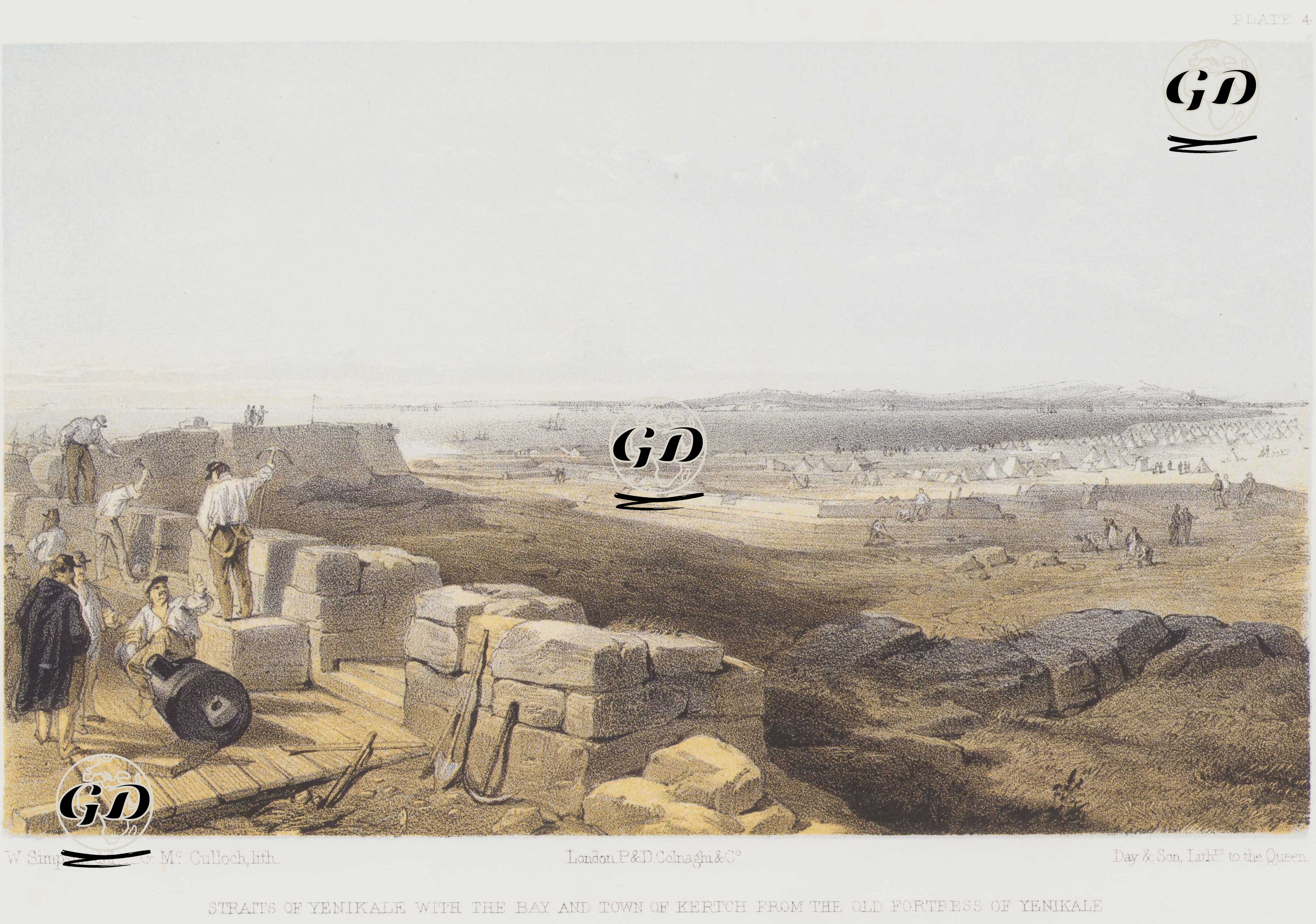 1853-1856 Osmanlı-Rus Savaşı (Kırım Savaşı) Sırasında Yenikale Boğazı ve Kerç Körfezi ile Kerç Şehrinin Eski Yenikale Kalesi'nden Görünümü (Plate 4) - William Simpson (1823-1899) - 1856