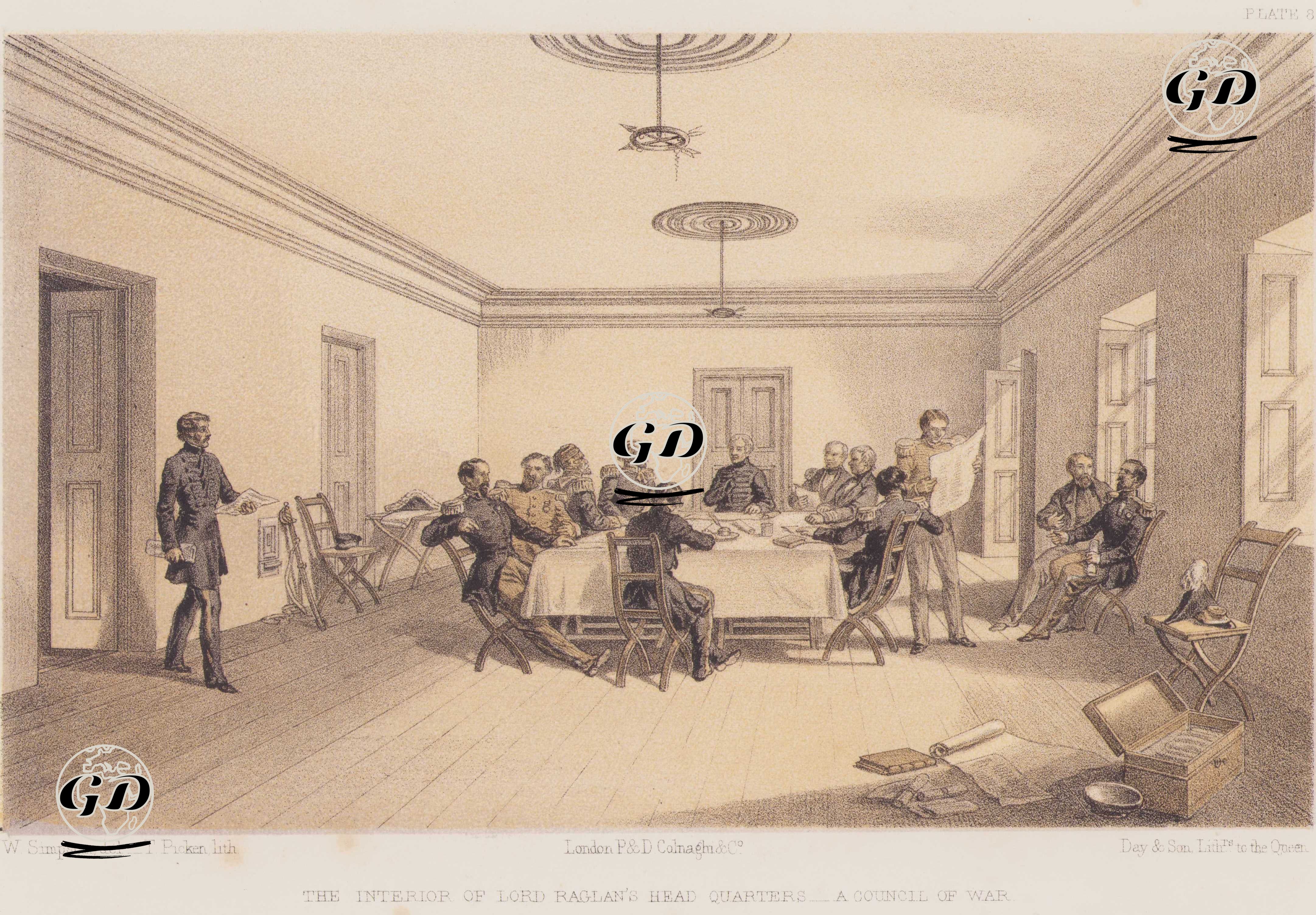 1853-1856 Osmanlı-Rus Savaşı (Kırım Savaşı) Sırasında İngiliz Kuvvetlerinin Komutanı Lord Raglan'ın Karargahı ve Savaş Konseyi (Plate 8) - William Simpson (1823-1899) - 1856