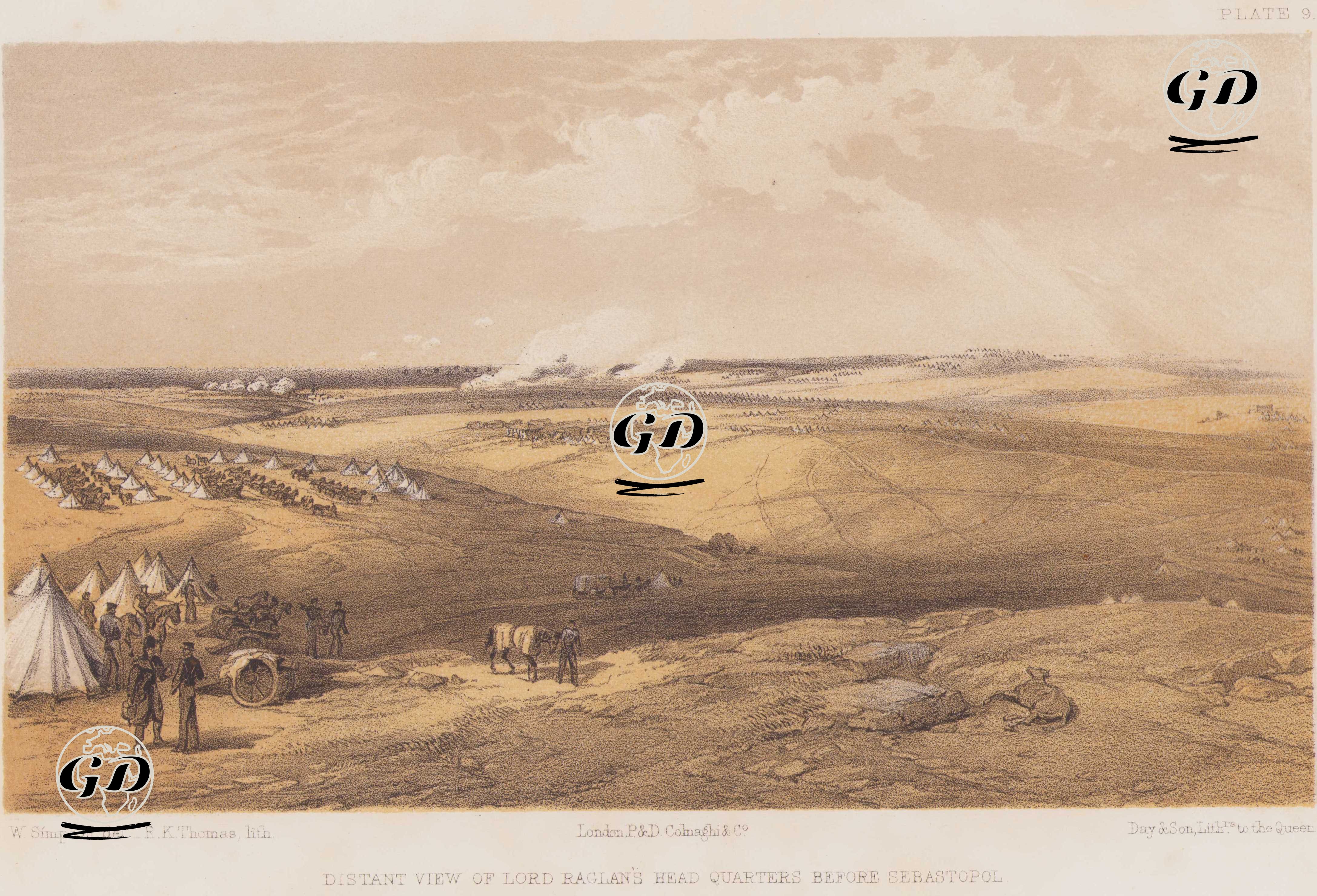 1853-1856 Osmanlı-Rus Savaşı (Kırım Savaşı) Sırasında Sivastopol Kuşatması Öncesi İngiliz Kuvvetlerinin Komutanı Lord Raglan'ın Karargahının Uzaktan Görünümü (Plate 9) - William Simpson (1823-1899) - 1856
