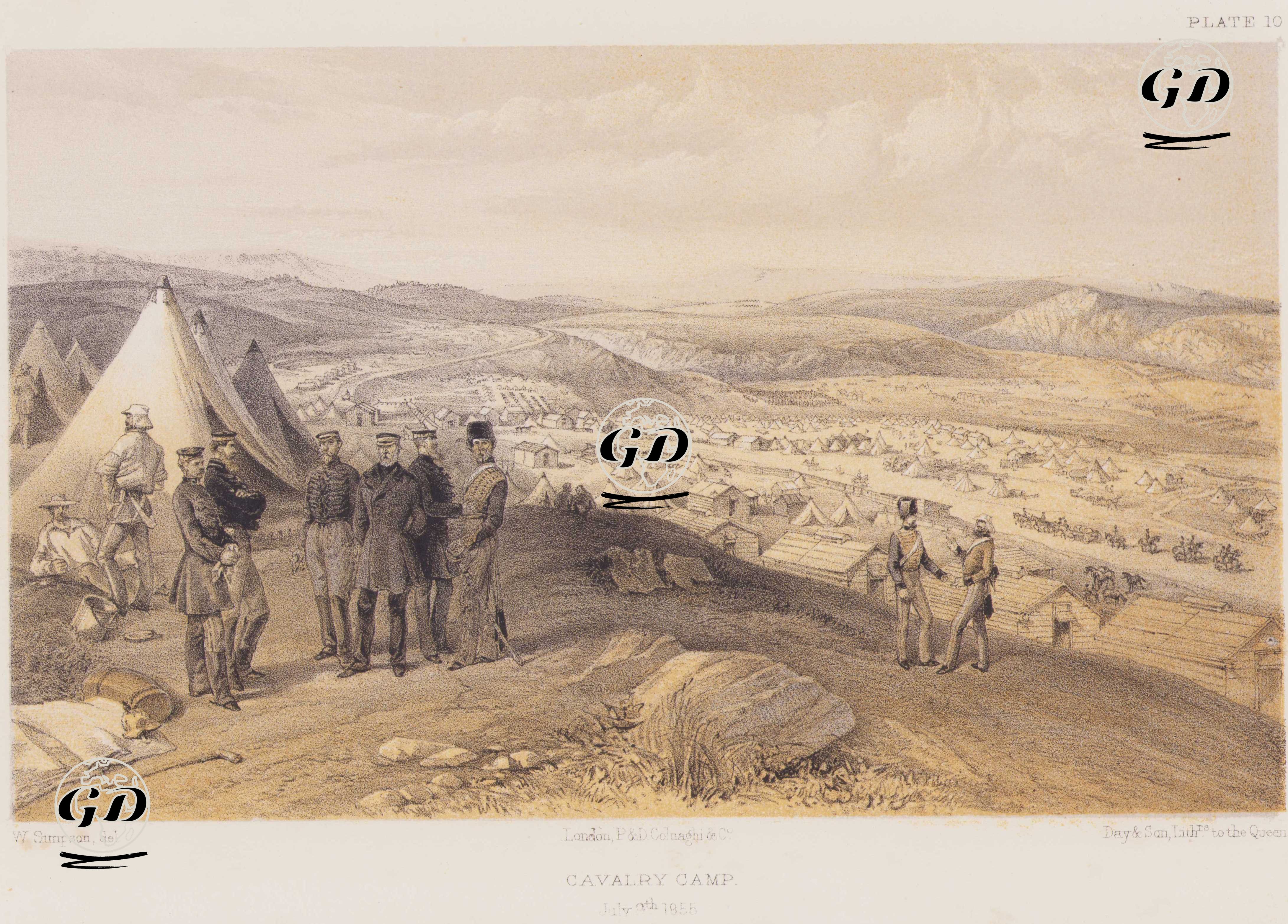 1853-1856 Osmanlı-Rus Savaşı (Kırım Savaşı) Sırasında İngiliz Ordusuna Bağlı Ağır ve Hafif Süvari Tugaylarının Kampı, 9 Temmuz 1855 (Plate 10) - William Simpson (1823-1899) - 1856