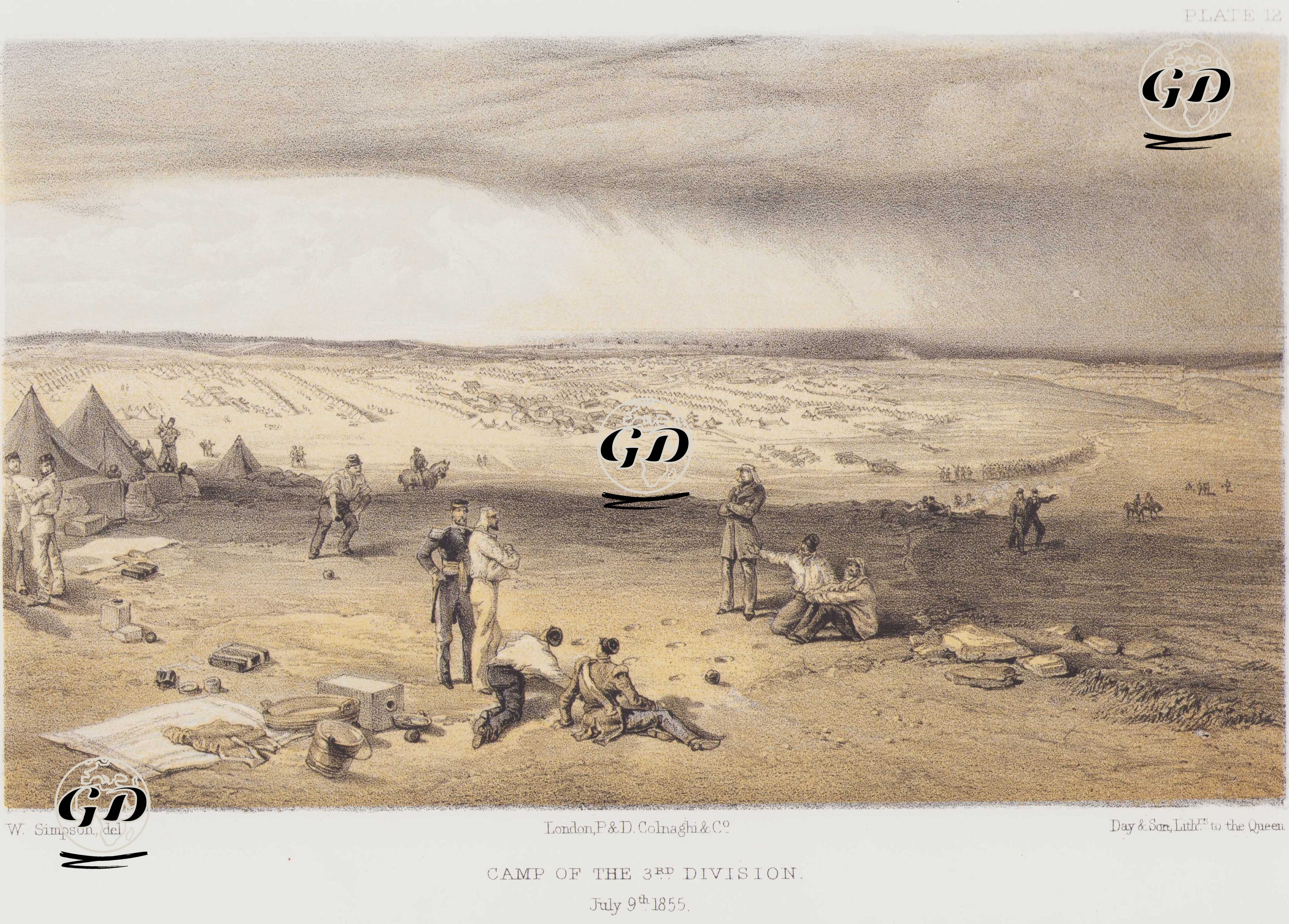 1853-1856 Osmanlı-Rus Savaşı (Kırım Savaşı) Sırasında İngiliz Ordusuna Bağlı 3. Tümen Kampı, 9 Temmuz 1855 (Plate 12) - William Simpson (1823-1899) - 1856