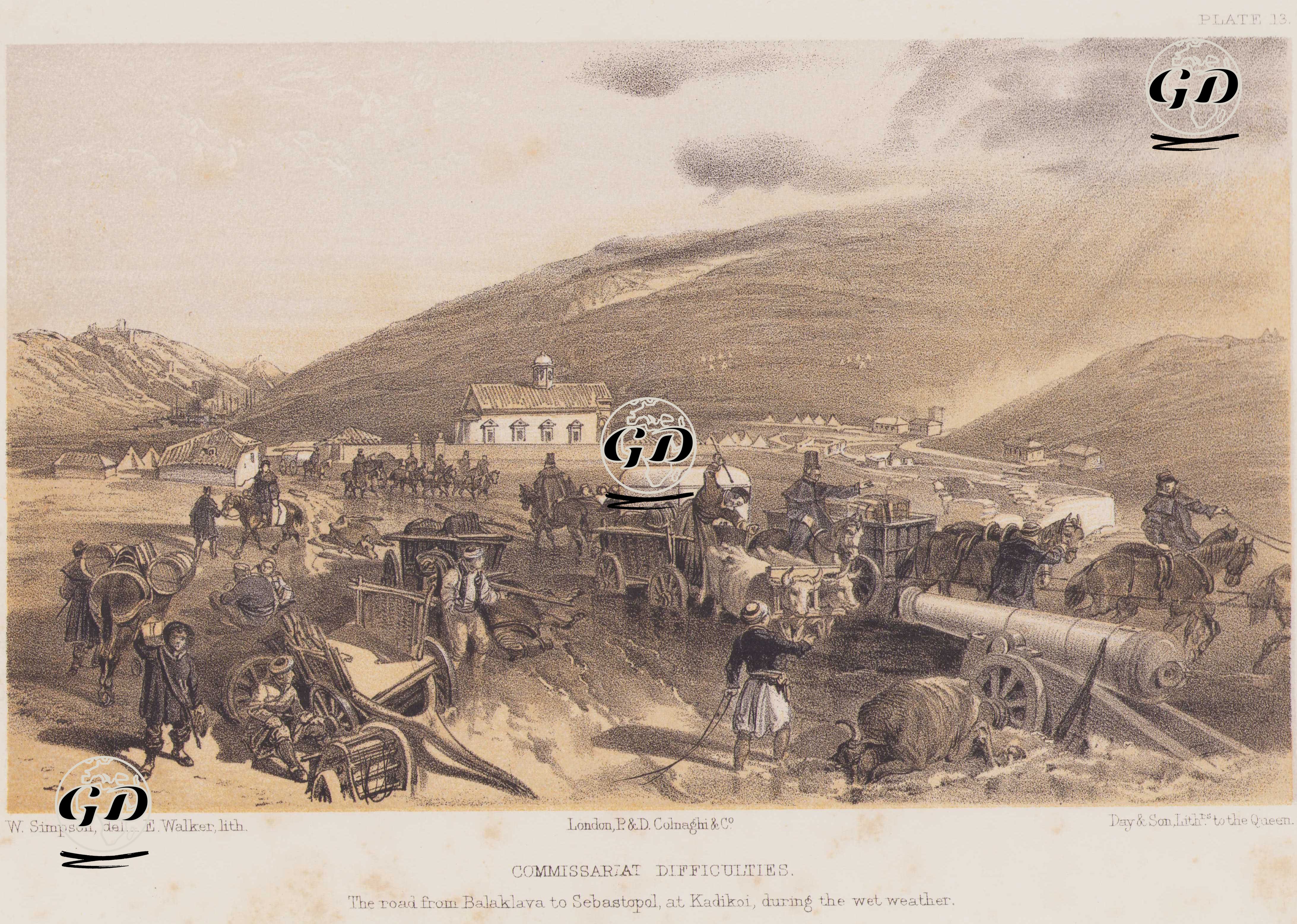 1853-1856 Osmanlı-Rus Savaşı (Kırım Savaşı) Sırasında Yağmurlu Havada Balaklava'dan Sivastopol'a Giderken Kadiköy Civarındaki İkmal Zorlukları (Plate 13)  - William Simpson (1823-1899) - 1856