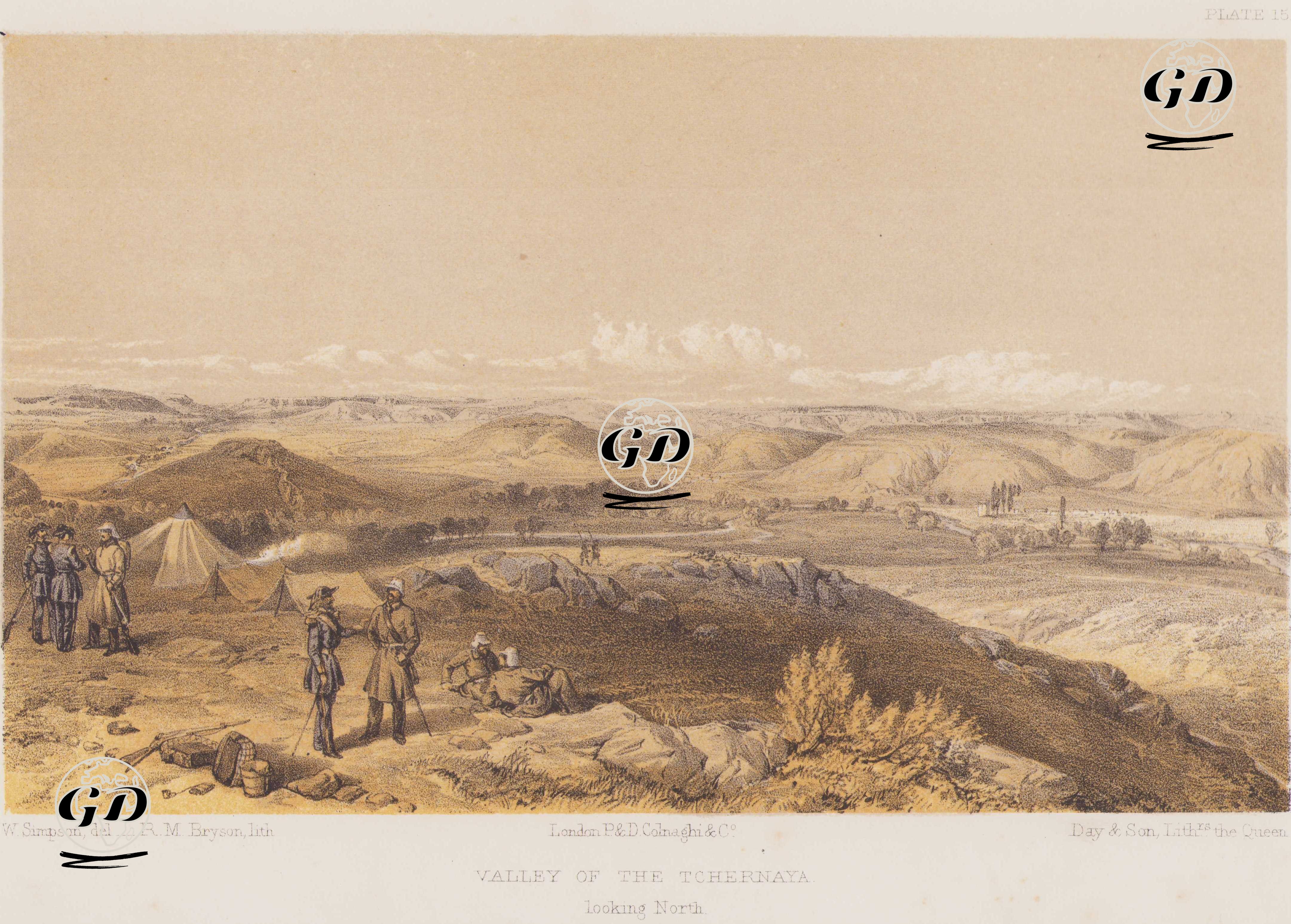 1853-1856 Osmanlı-Rus Savaşı (Kırım Savaşı) Sırasında 16 Ağustos 1855’te Gerçekleşen Çernaya Muharebesinin Olduğu Çernaya Vadisi, Kuzeye Bakış (Plate 15)  - William Simpson (1823–1899) - 1856