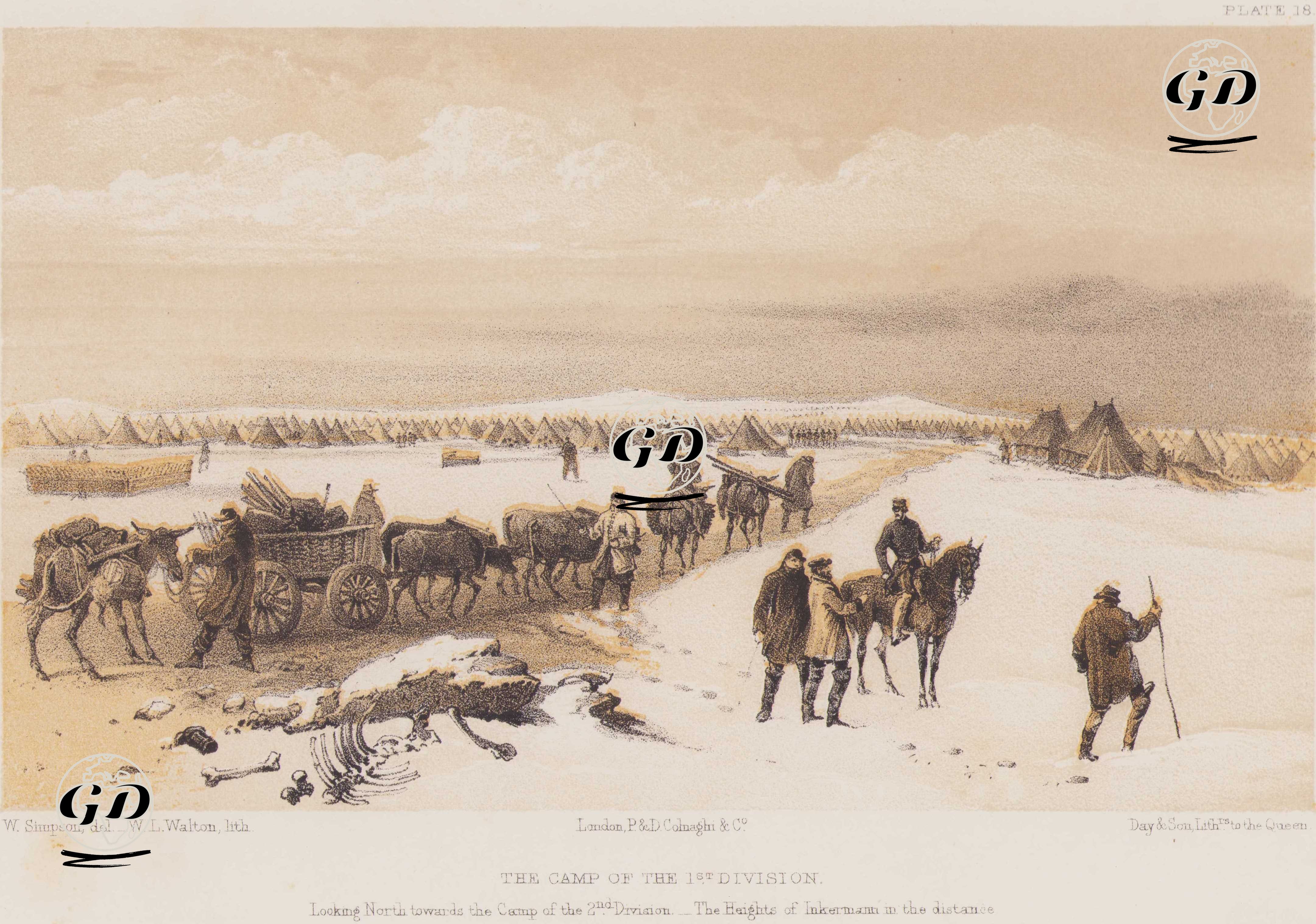 1853-1856 Osmanlı-Rus Savaşı (Kırım Savaşı) Sırasında İngiliz Ordusuna Bağlı 1. Tümen Kampı, 2. Tümen Kampına Doğru Kuzeye Bakış ve Uzakta İnkermann Tepeleri (Plate 18) - William Simpson (1823–1899) - 1856