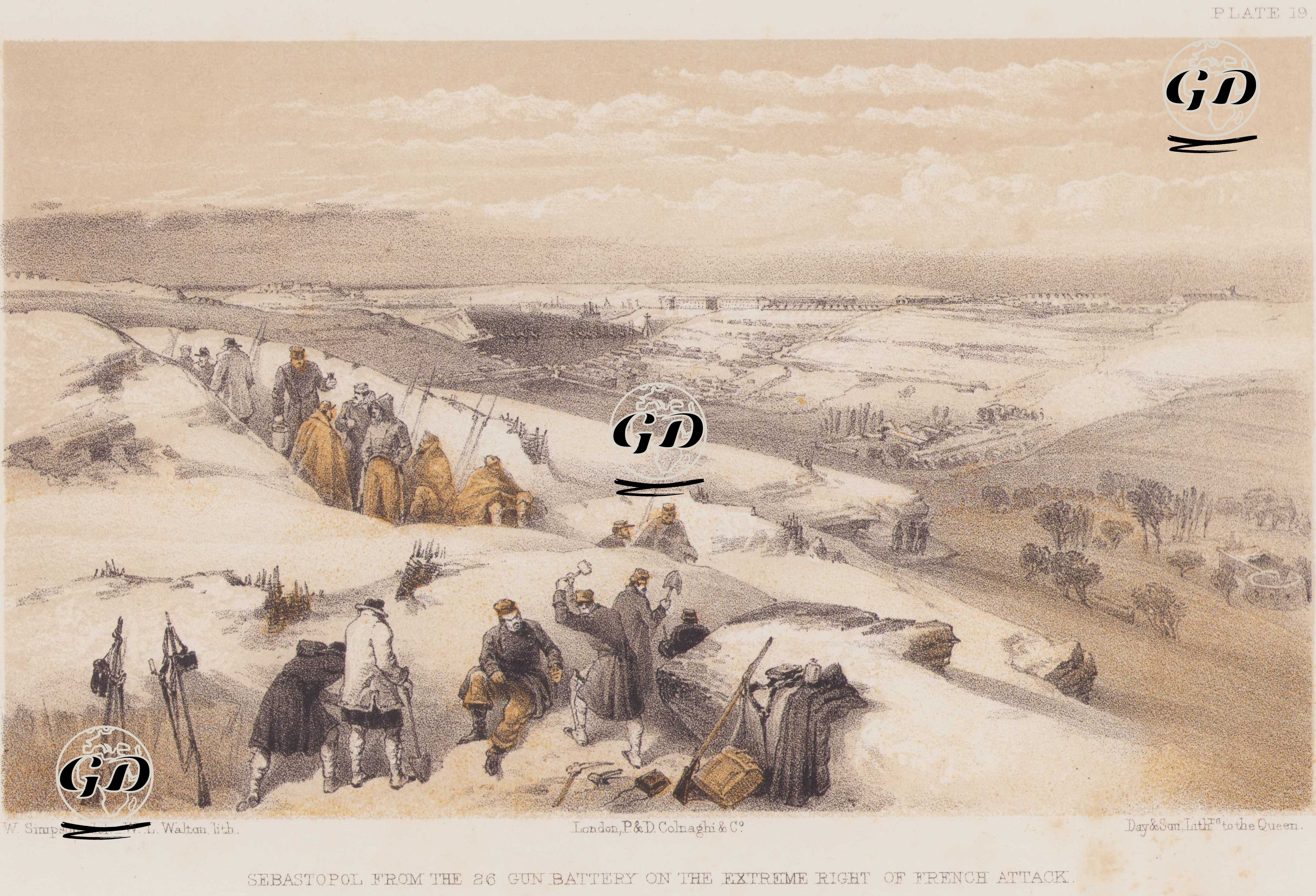 1853-1856 Osmanlı-Rus Savaşı (Kırım Savaşı) Sırasında Fransız Saldırısının En Sağ Kanadında Yeralan 26 Top Bataryasından Sivastopol Görünümü (Plate 19) - William Simpson (1823–1899) - 1856