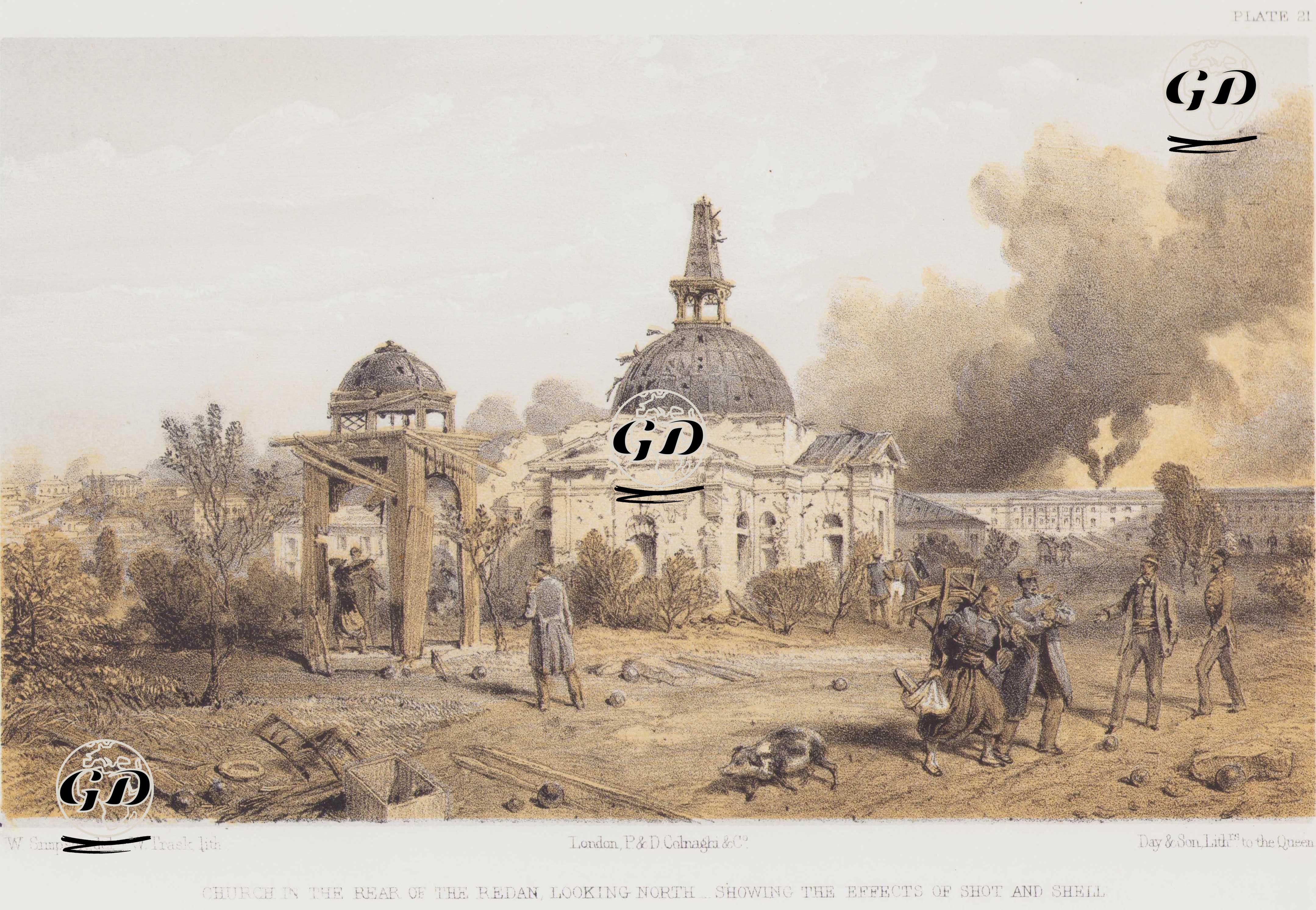 1853-1856 Osmanlı-Rus Savaşı (Kırım Savaşı) Sırasında Redan Siperinin Arkasında Gerisinde Topçu Ateşiyle Harabeye Dönmüş Kilise ve Diğer Yapılar (Plate 21) - William Simpson (1823–1899) - 1856