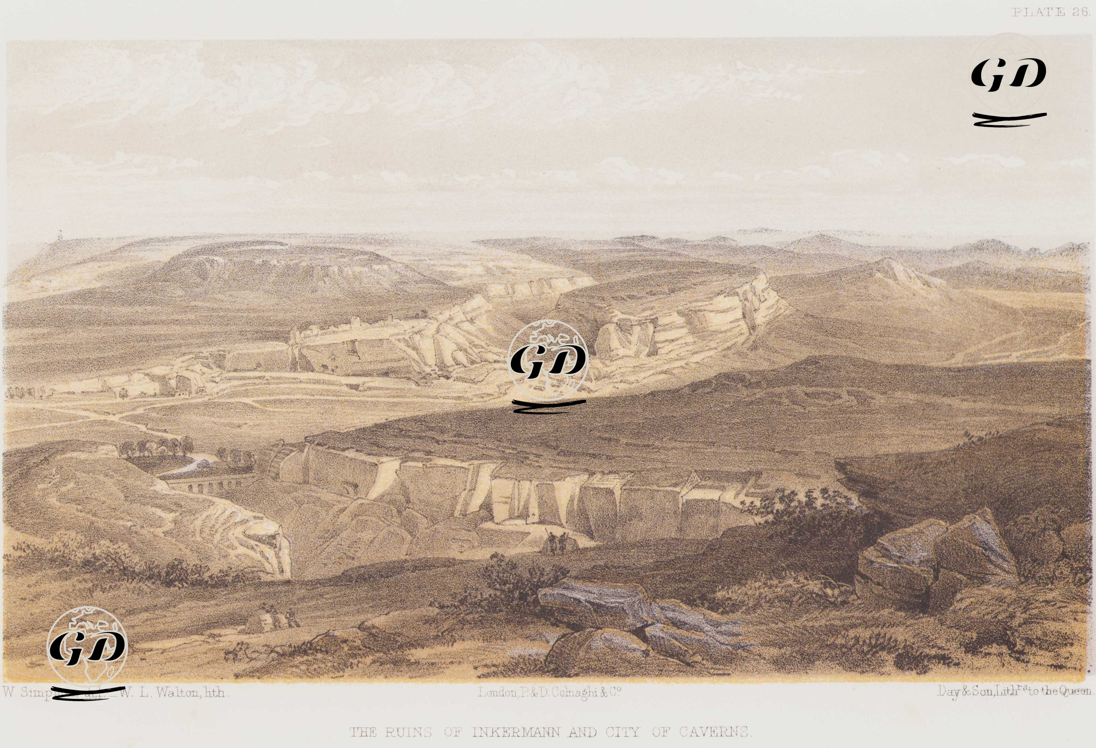 İnkerman Muharebesi’nin (5 Kasım 1854) ardından, Muharebe Alanında Bulunan İnkermann Harabeleri ve Mağaralar Şehri (Mağara Manastırları) (Plate 26) - William Simpson (1823–1899) - 1856