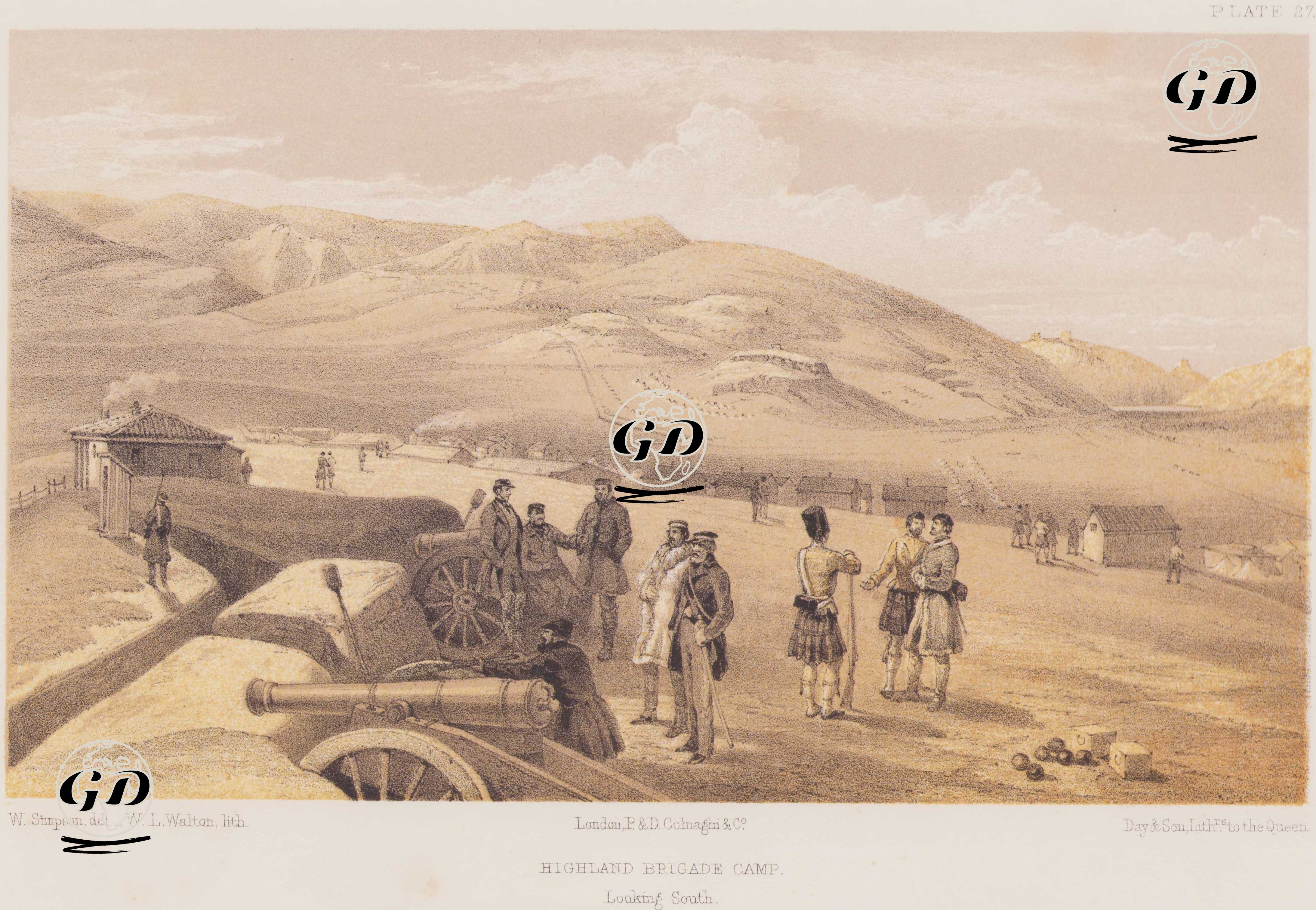 1853-1856 Osmanlı-Rus Savaşı (Kırım Savaşı) Sırasında İngiliz Ordusunun Seçkin Birliklerinden Biri Olan İskoç Tugayının (Highland Brigade) Kampı, Güneye Bakış (Plate 27) - William Simpson (1823–1899) - 1856