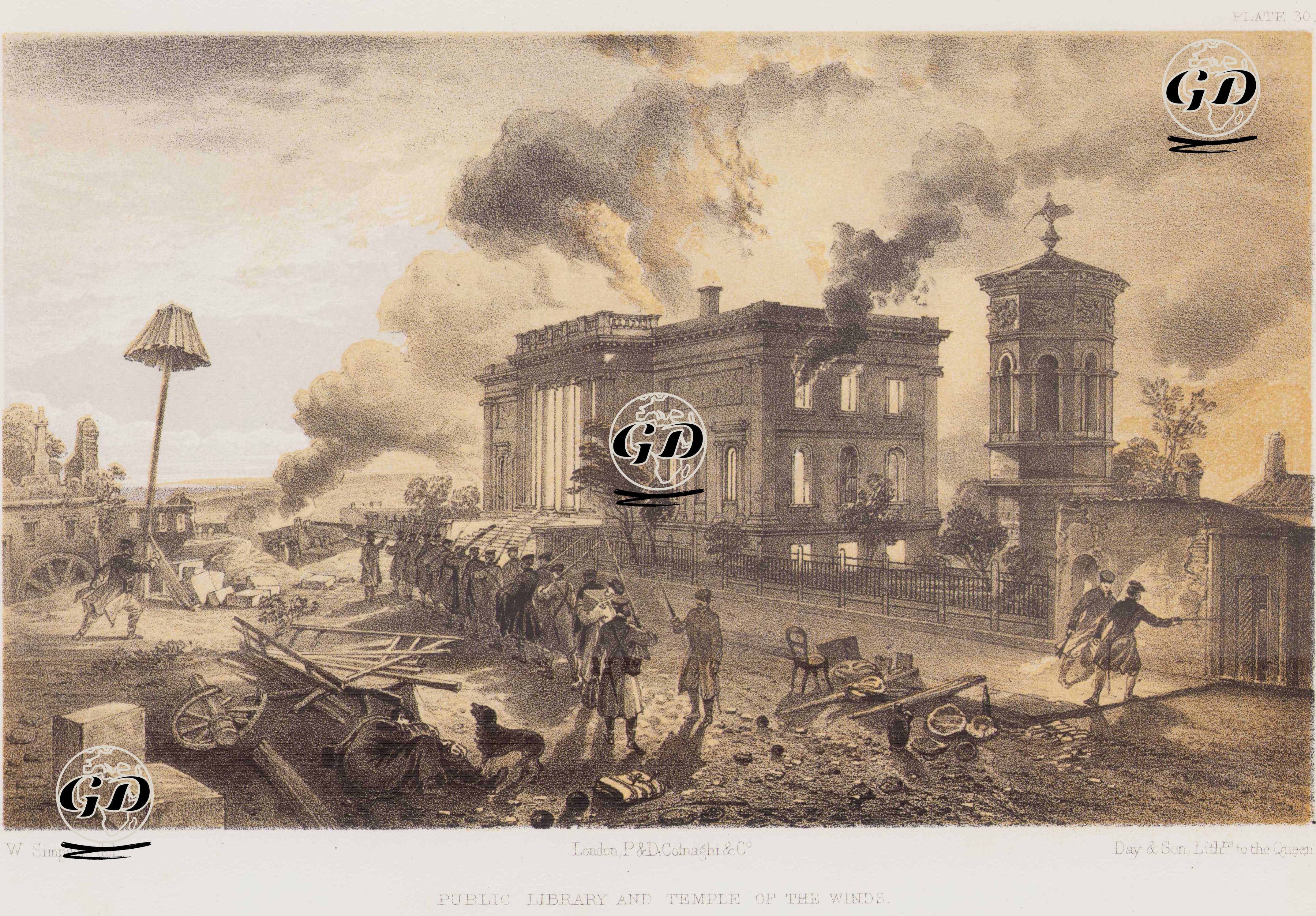 Sivastopol Kuşatması Sırasında Büyük Hasar Alan Sivastopol Şehir Kütüphanesi ve Şehrin Simgesel Anıtı Rüzgar Tapınapı (Plate 30) - William Simpson (1823–1899) - 1856