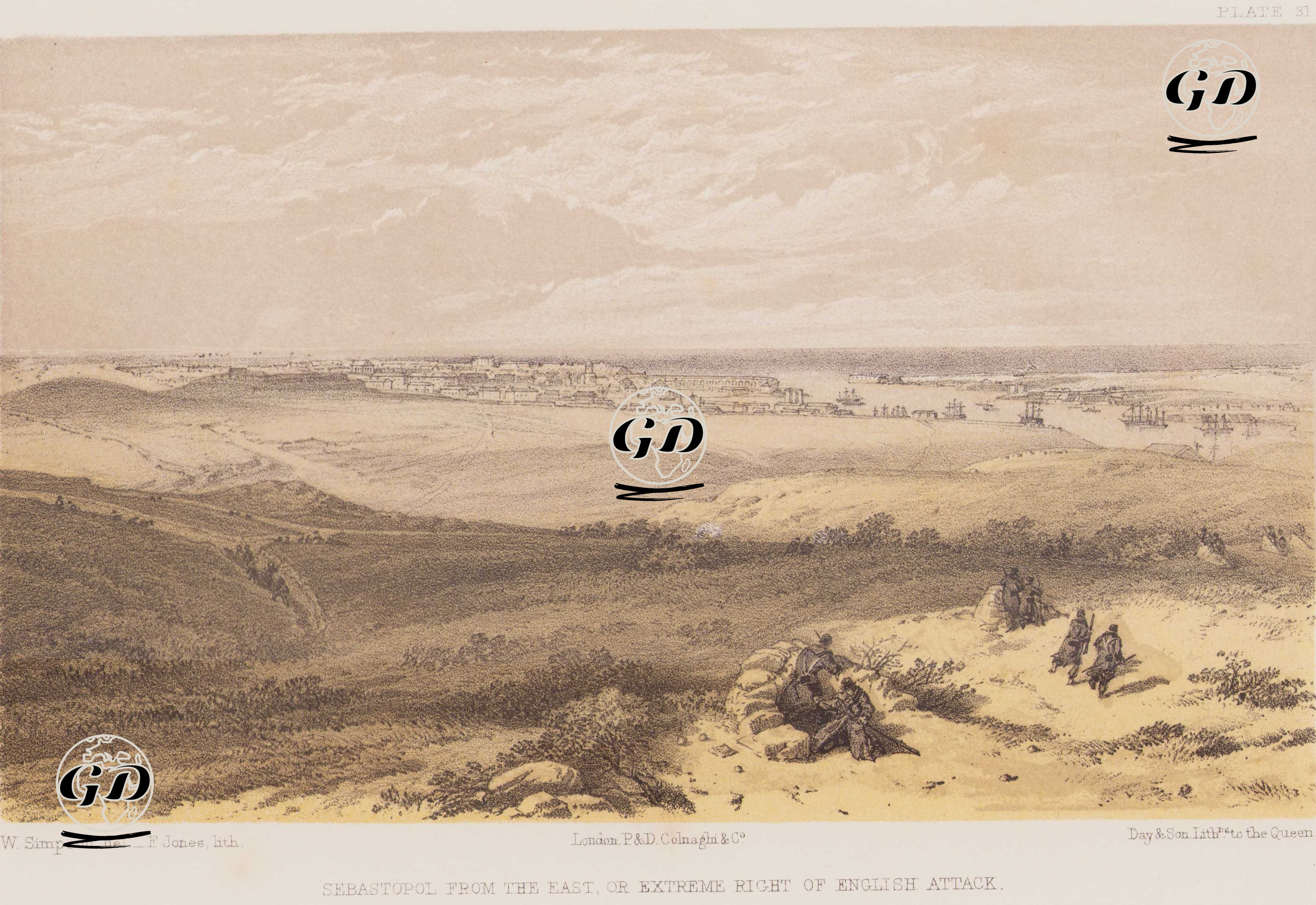 Sivastopol Kuşatmasının Doğu Cephesinden, İngiliz Hatlarının En Sağ Kanadındaki Bakış Açısıyla Sivastopol Şehrinin Görünümü (Plate 31) - William Simpson (1823–1899) - 1856
