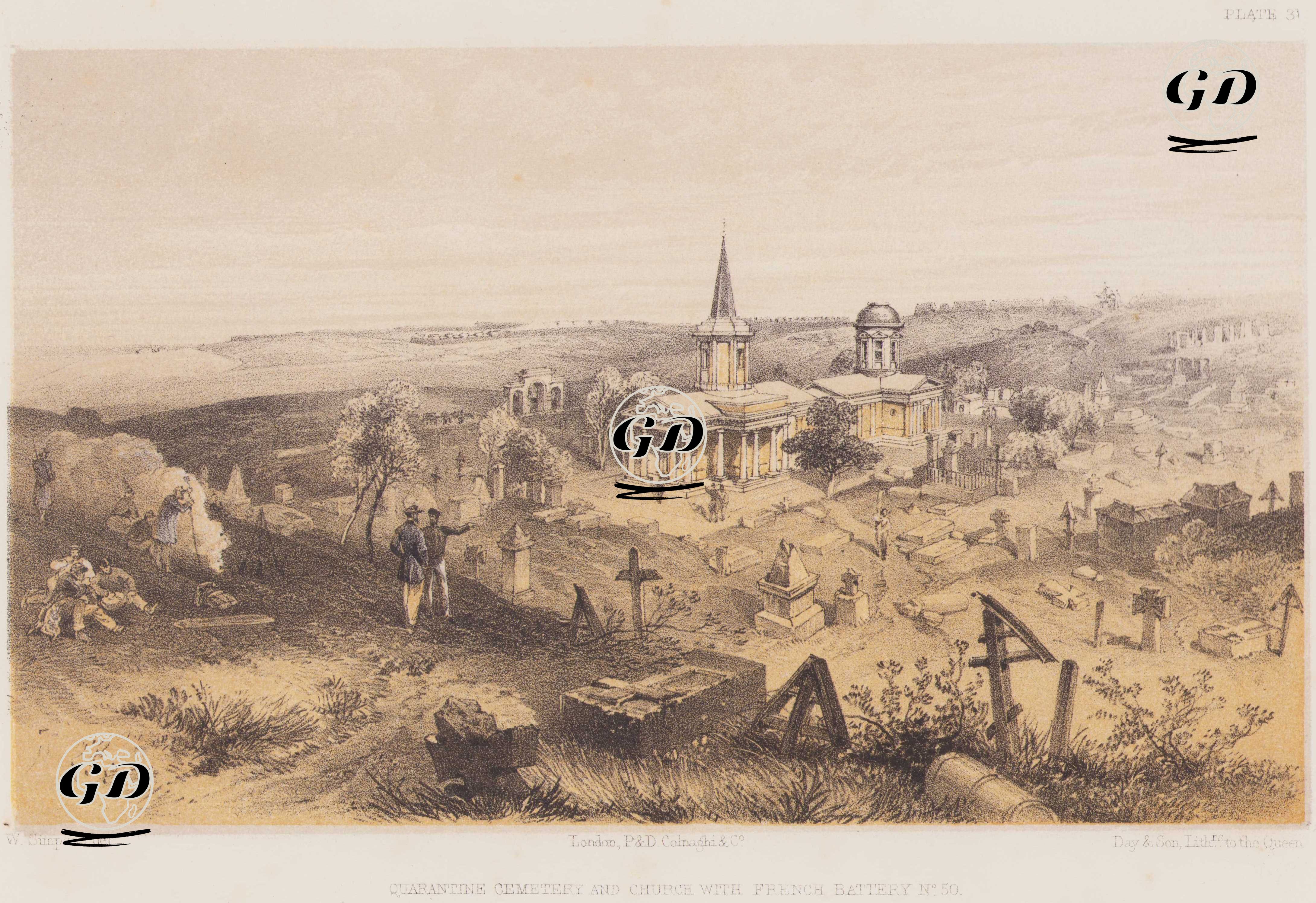 1853-1856 Osmanlı-Rus Savaşı (Kırım Savaşı) Sırasında Karantina Mezarlığı ve Kilisesi ile 50 Numaralı Fransız Bataryası (Plate 31) - William Simpson (1823–1899) - 1856