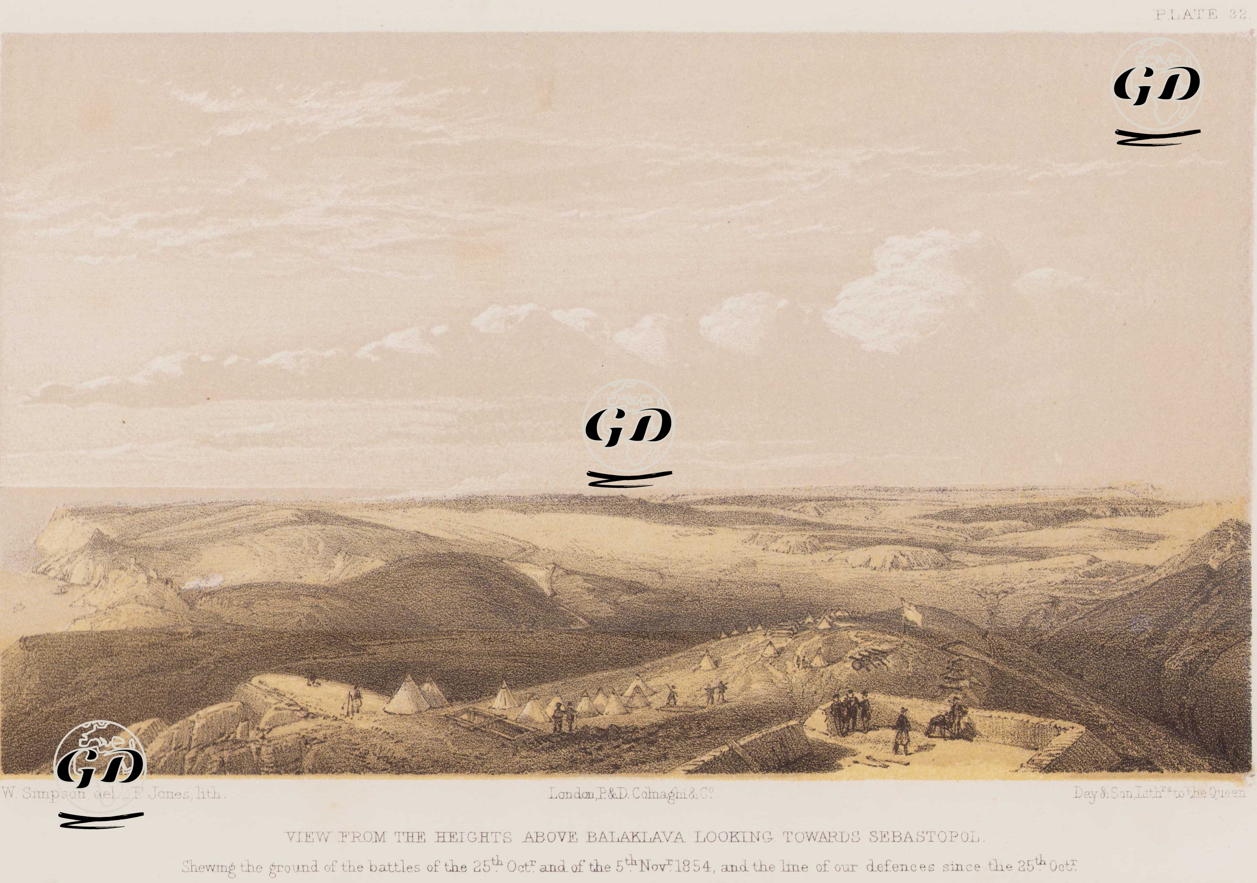 View From the Heights Above Balaklava Looking Towards Sebastopol, Shewing the Ground of the Battles of the 25th Octr. and the 5th Novr. 1854 and the Line of our Defences Since the 25th Oct. (Plate 32) - William Simpson (1823–1899) - 1856