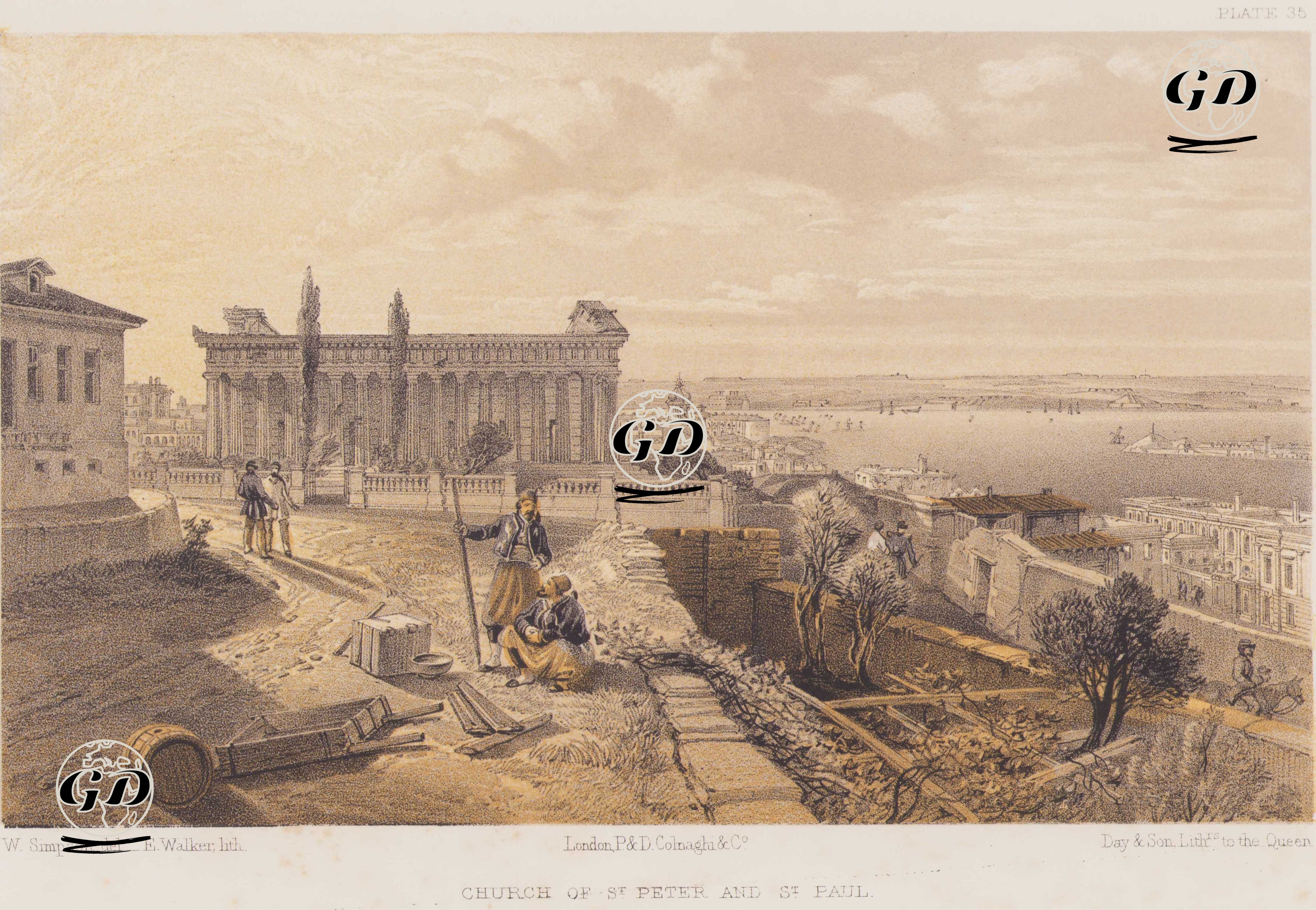 Sivastopol Kuşatması Sırasında Hasar Alan St.Peter ve St.Paul Kilisesi ve Çevresi (Plate 35) - William Simpson (1823–1899) - 1856
