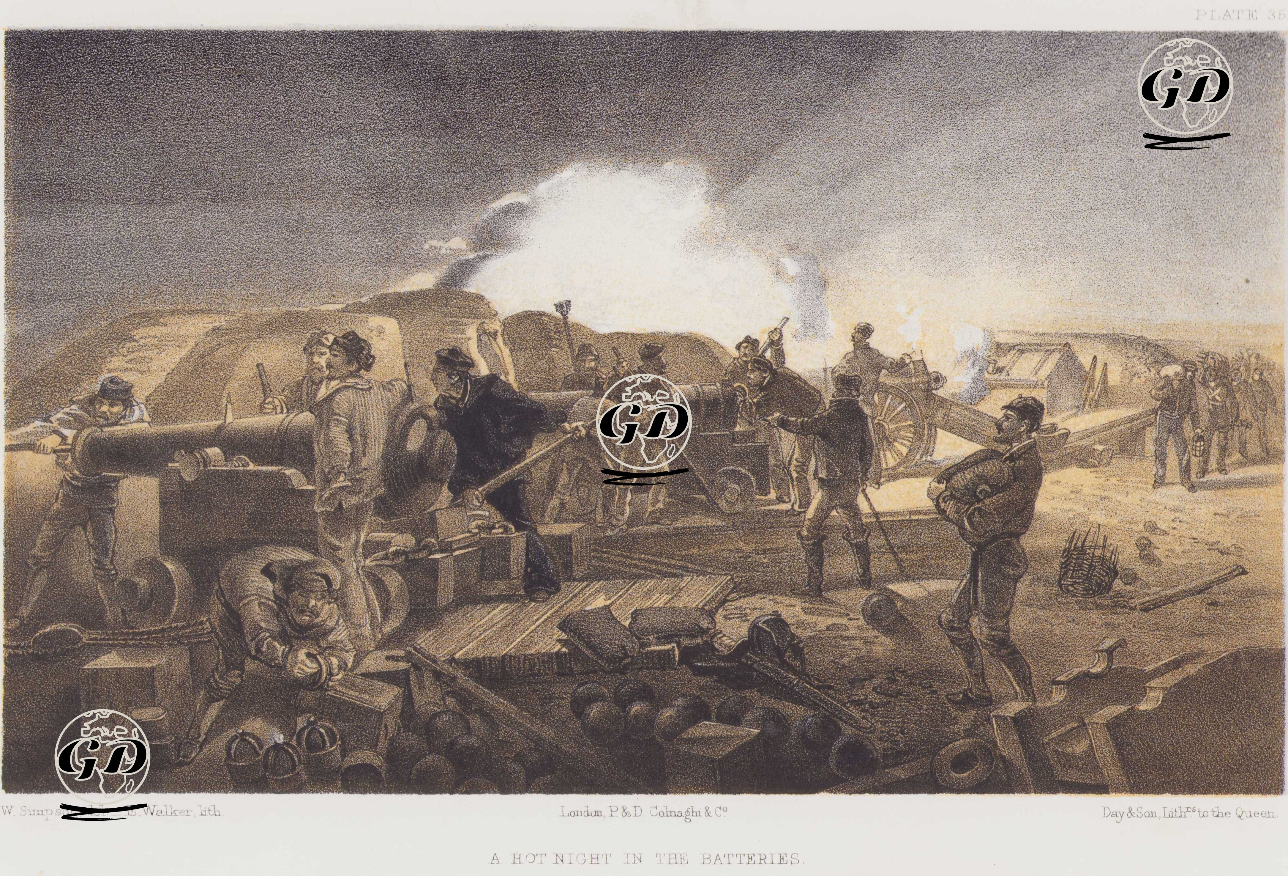 A Hot Night in the Batteries (Plate 35) - William Simpson (1823–1899) - 1856
