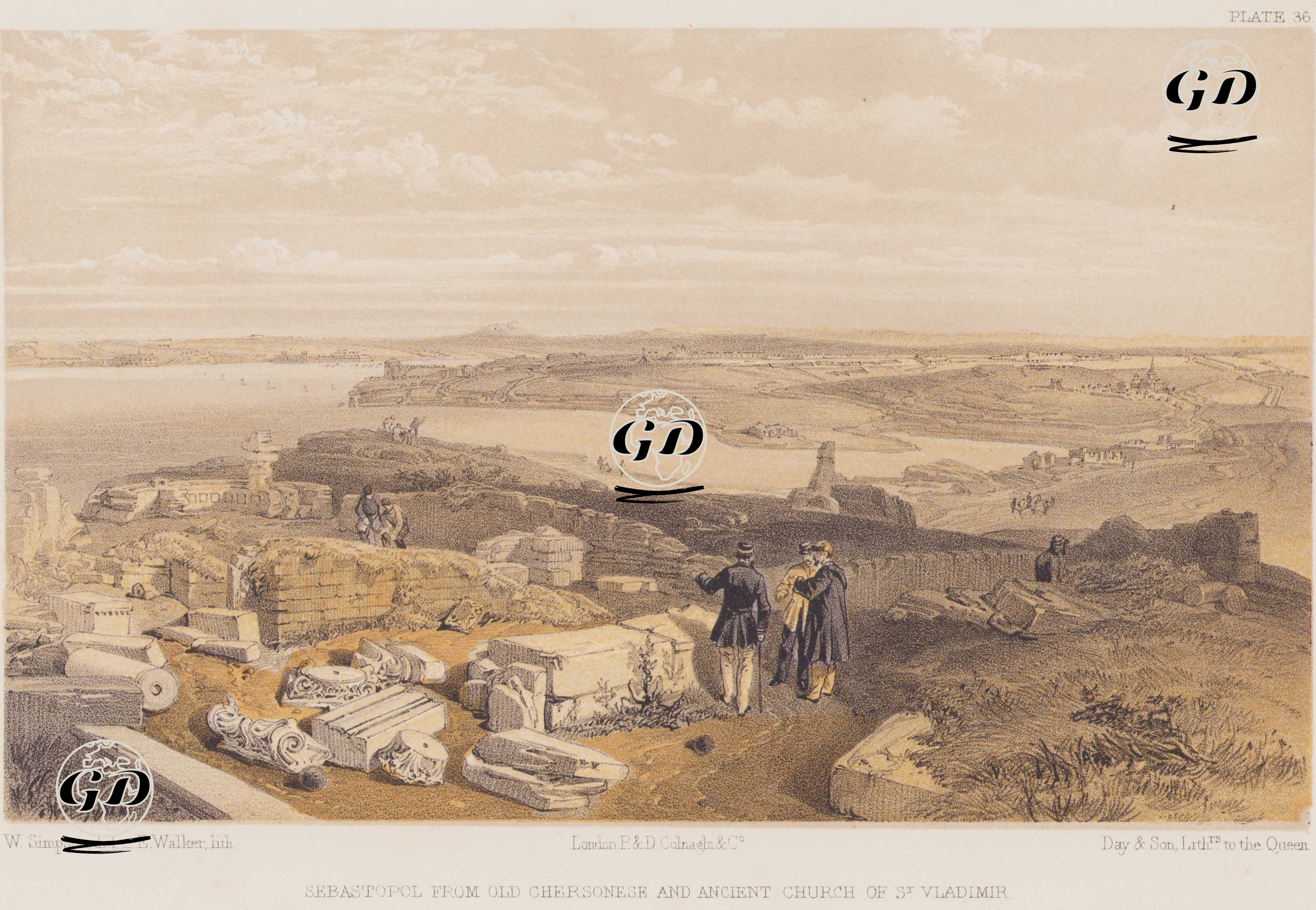 1853-1856 Osmanlı-Rus Savaşı (Kırım Savaşı) Sırasında Antik Khersones (Hersonisos) Harabelerini ileSt. Vladimir Kilisesini ve Uzakta Sivastopol ile Karadeniz’i Kapsayan Geniş Bir Manzara (Plate 36) - William Simpson (1823–1899) - 1856