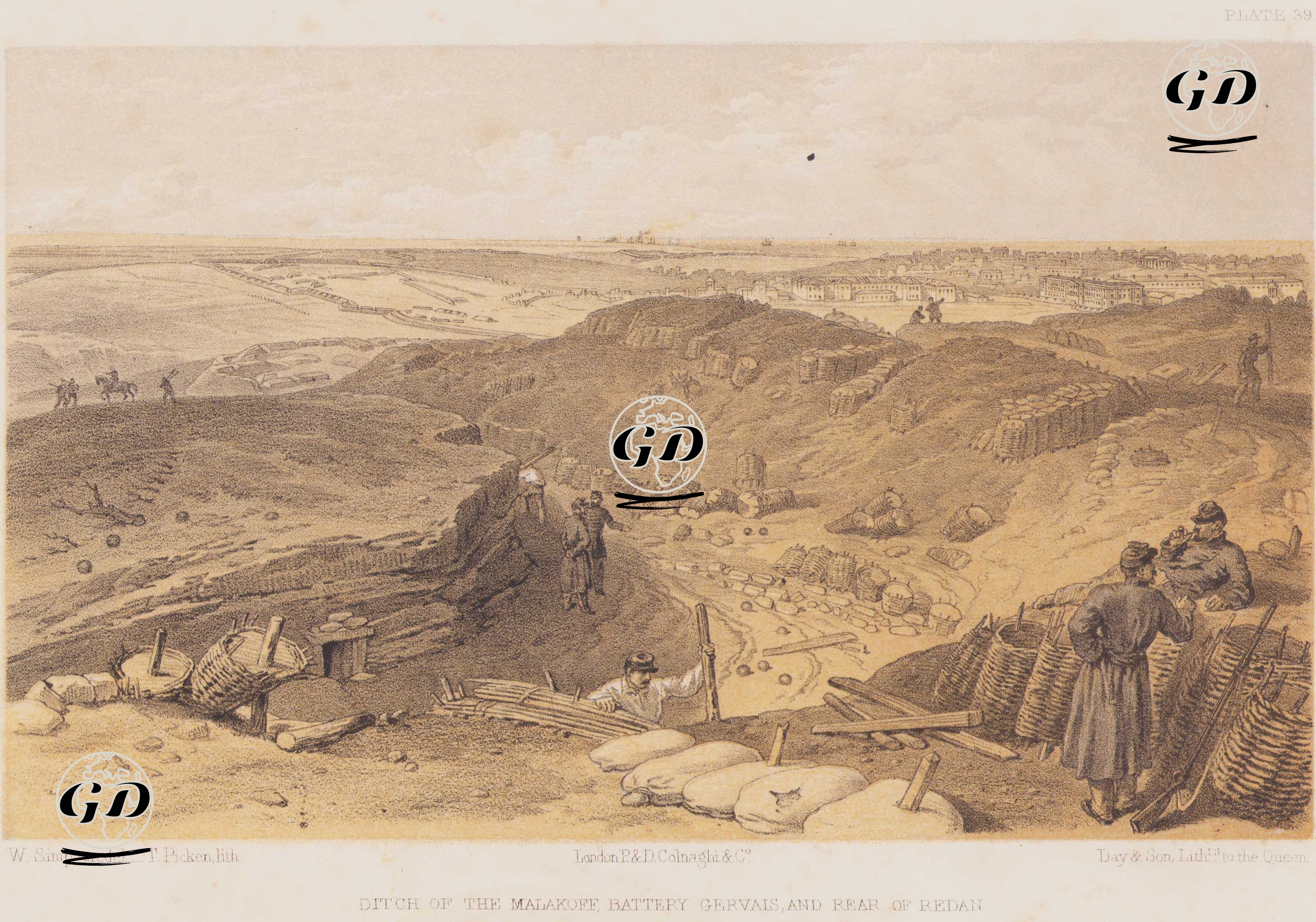 Sivastopol Kuşatması Sırasında Fransız Ordusunun Malakoff Yönündeki Siperlerinden Gervais Bataryası’nın Hendekleri ve Redan Tahkimatının Arka Kısmı (Plate 39)  - William Simpson (1823–1899) - 1856
