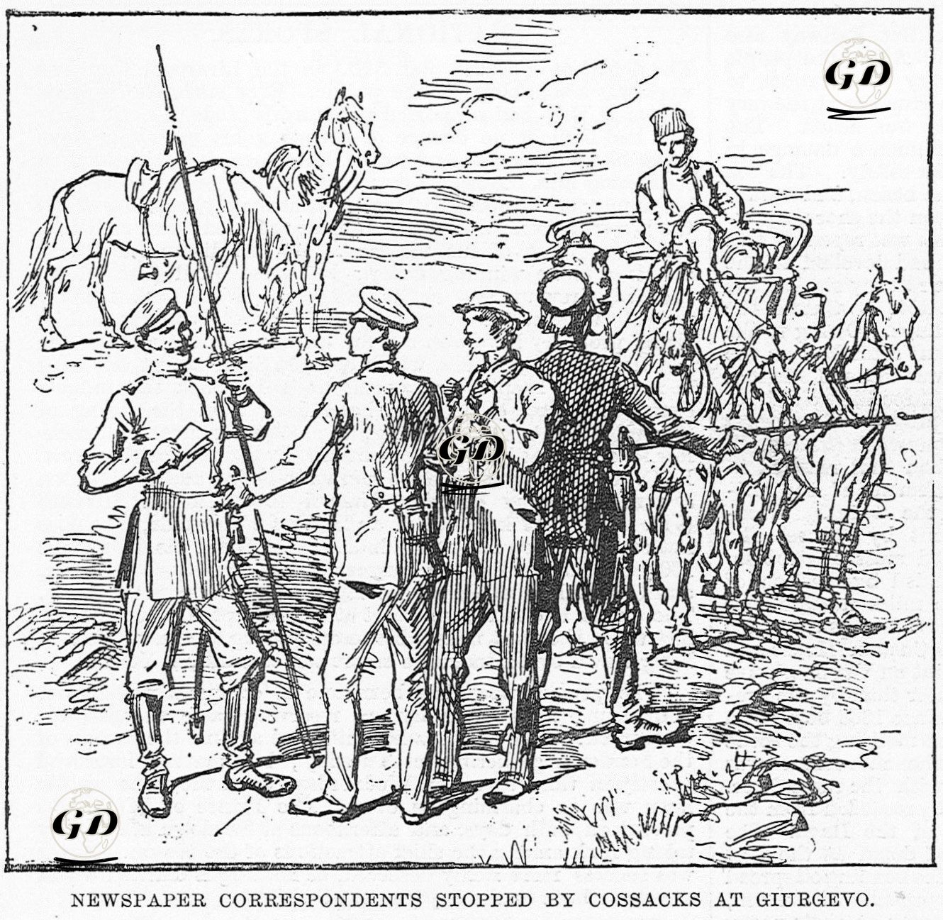 Sketches Of The War, Newspaper Correspondents Stopped By Cossacks At Giurgevo -  - 1877