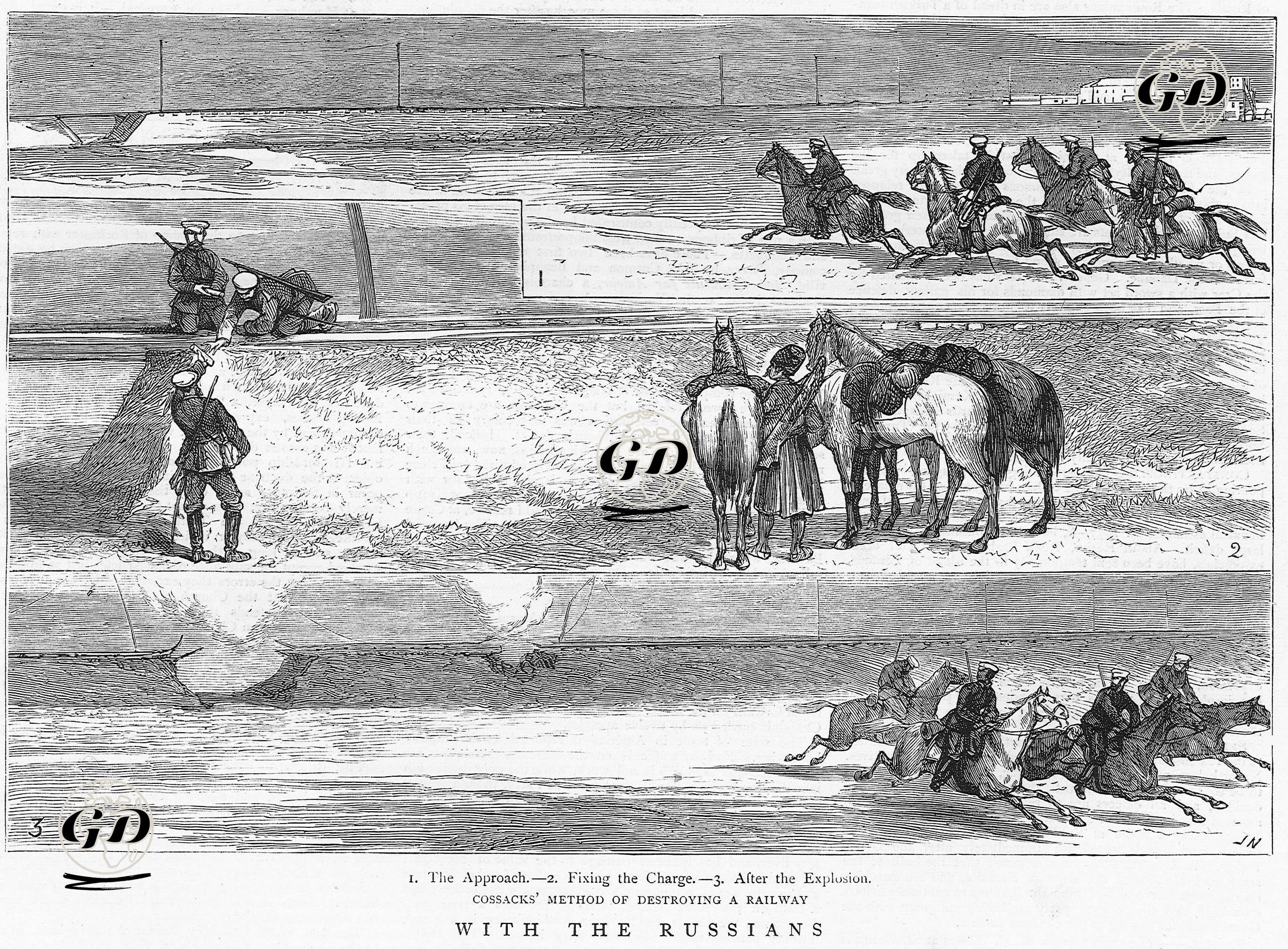 With The Russians-Cossacks' Method Of Destroying A Railway 1.Approach 2.Fixing The Charge 3.After The Explosion -  - 1877
