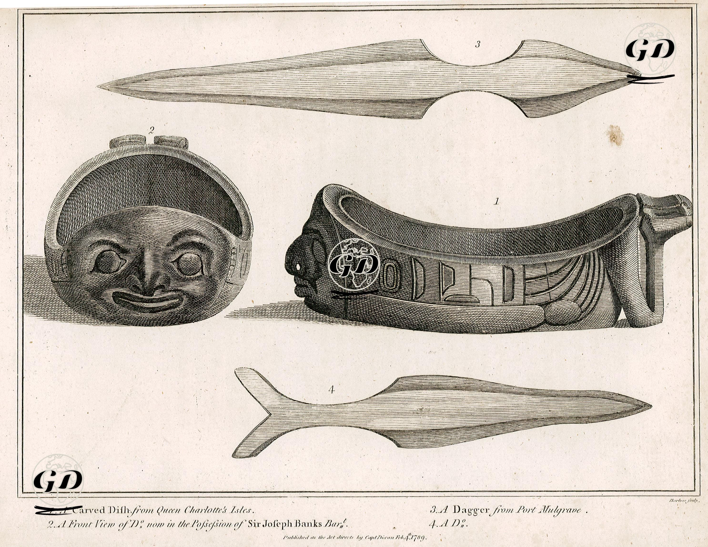 1.A Carved Dish From Queen Charlotte's isles 2.A Front View Of D, Now in The Possession Of Sir Joseph Banks Bar 3.A Dagger From Port Mulgrave 4.A D. -  - 1789