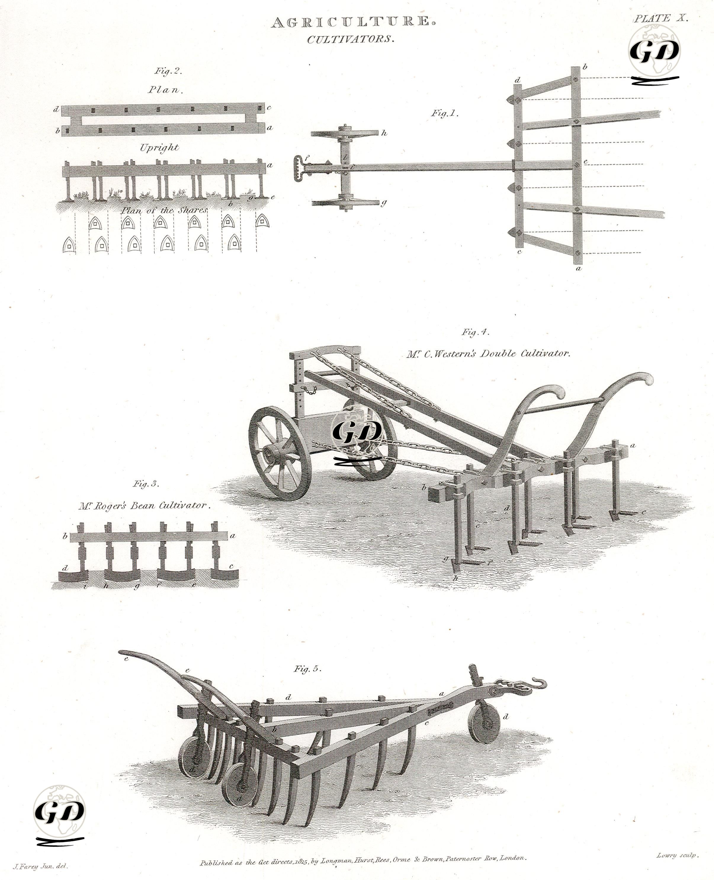 Agriculture, Cultivators, Mr. C.Western's Double Cultivator, Mr. Roger's Bean Cultivator, Plate X. - John Farey (1791-1851) - 1815