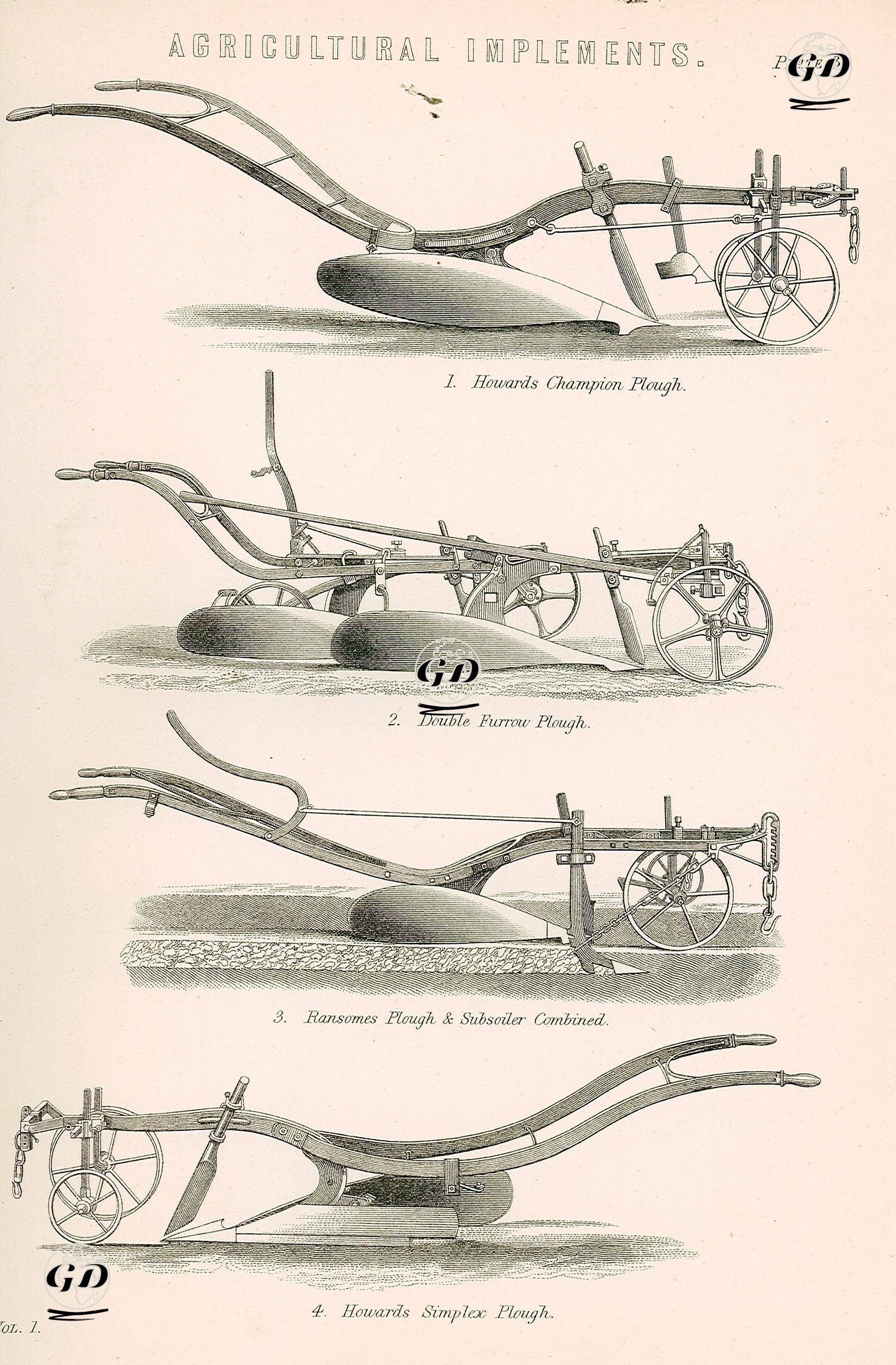 Agricultural implements-1.Howards Champion Plough 2.Double Furrow Plough 3.Ransomes Plough & 
Subsoiler Combined 4.Howards Simplex Plough Plate 3. Vol I. -  - 1883