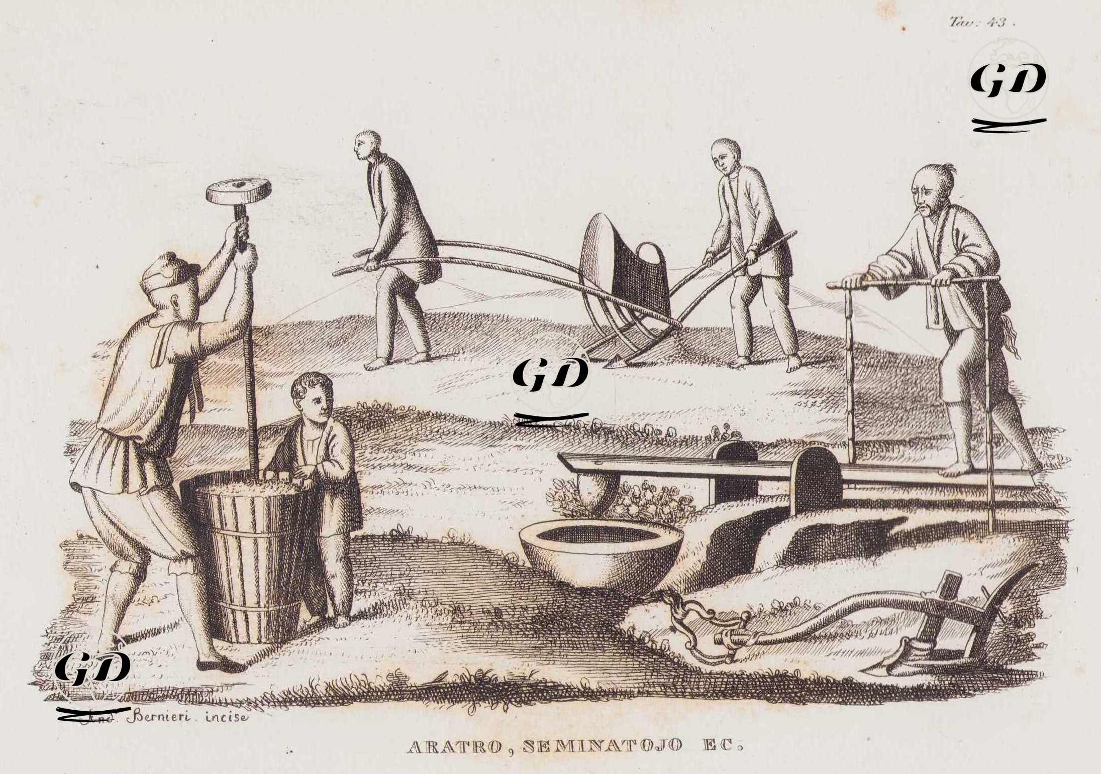 Aratro, Seminatojo EC., Tav.43. (Chinese Agriculture-1.Peasants Planting a Field With a Seeding Machine 2.Man Irrigating a Field on a Water Pump 3.Man Operating a Toothed Milling Machine to Remove the Husk From the Rice 4.Plow. ) -  - 1820's-1840's