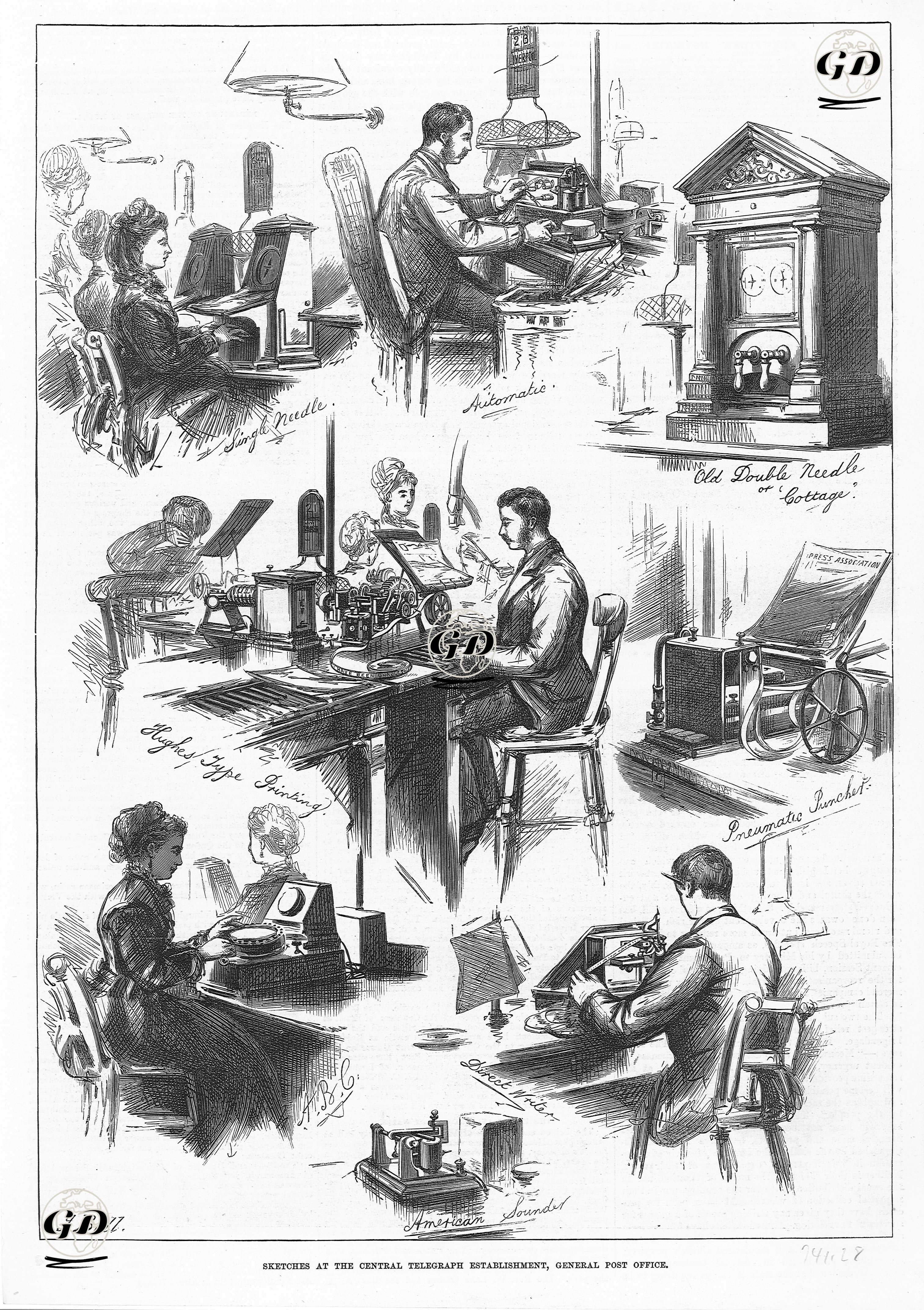 Sketches At The Central Telegraph Establishment, General Post Office-Single Needle, Automatic, Old Double Needle or Cottage, Hughes Type Printing, Pneumatic Puncher, American Sounder and Direct Writer  - J.Bell - 1874
