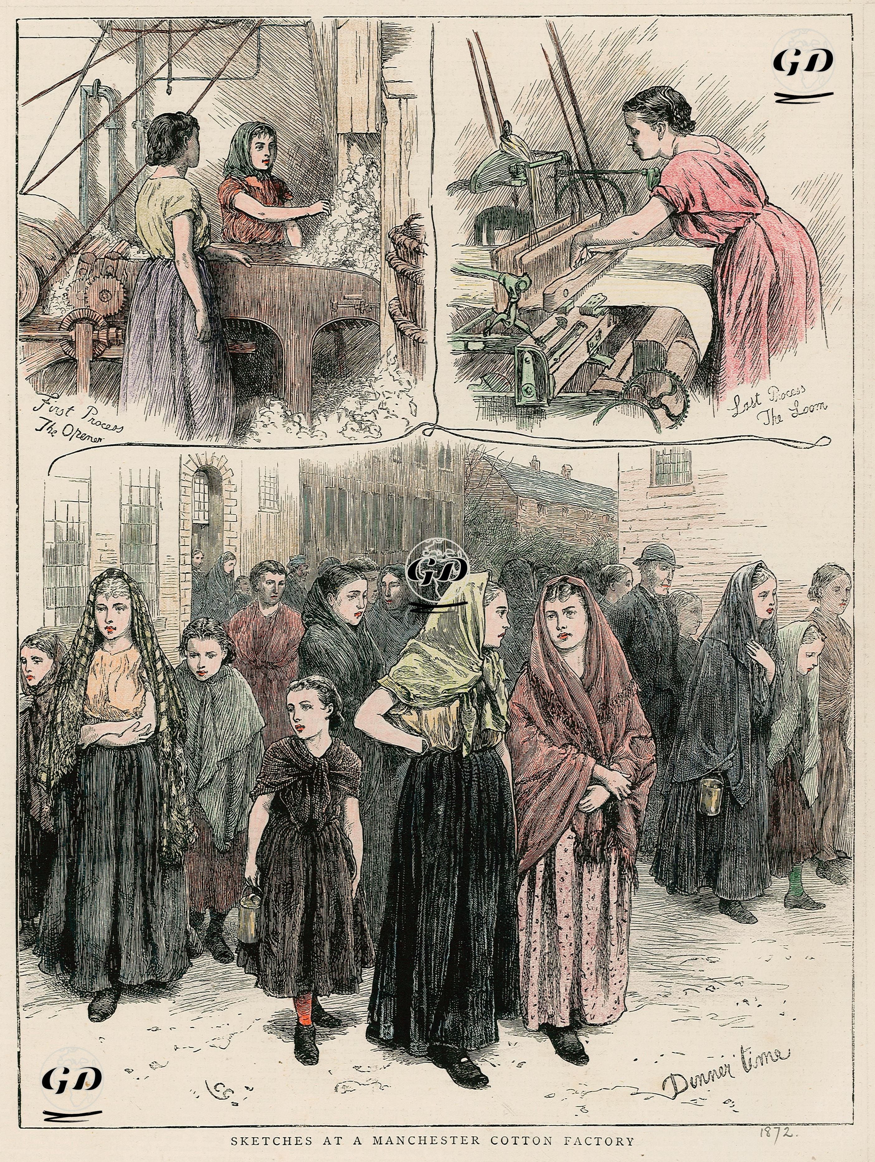 Manchester Pamuk Fabrikası-İlk Aşama Pamukların Ayrıştırılması, Son Aşama Dokuma Yapılması Ve İş Çıkışı  - Charles Green (1840-1898) - 1872
