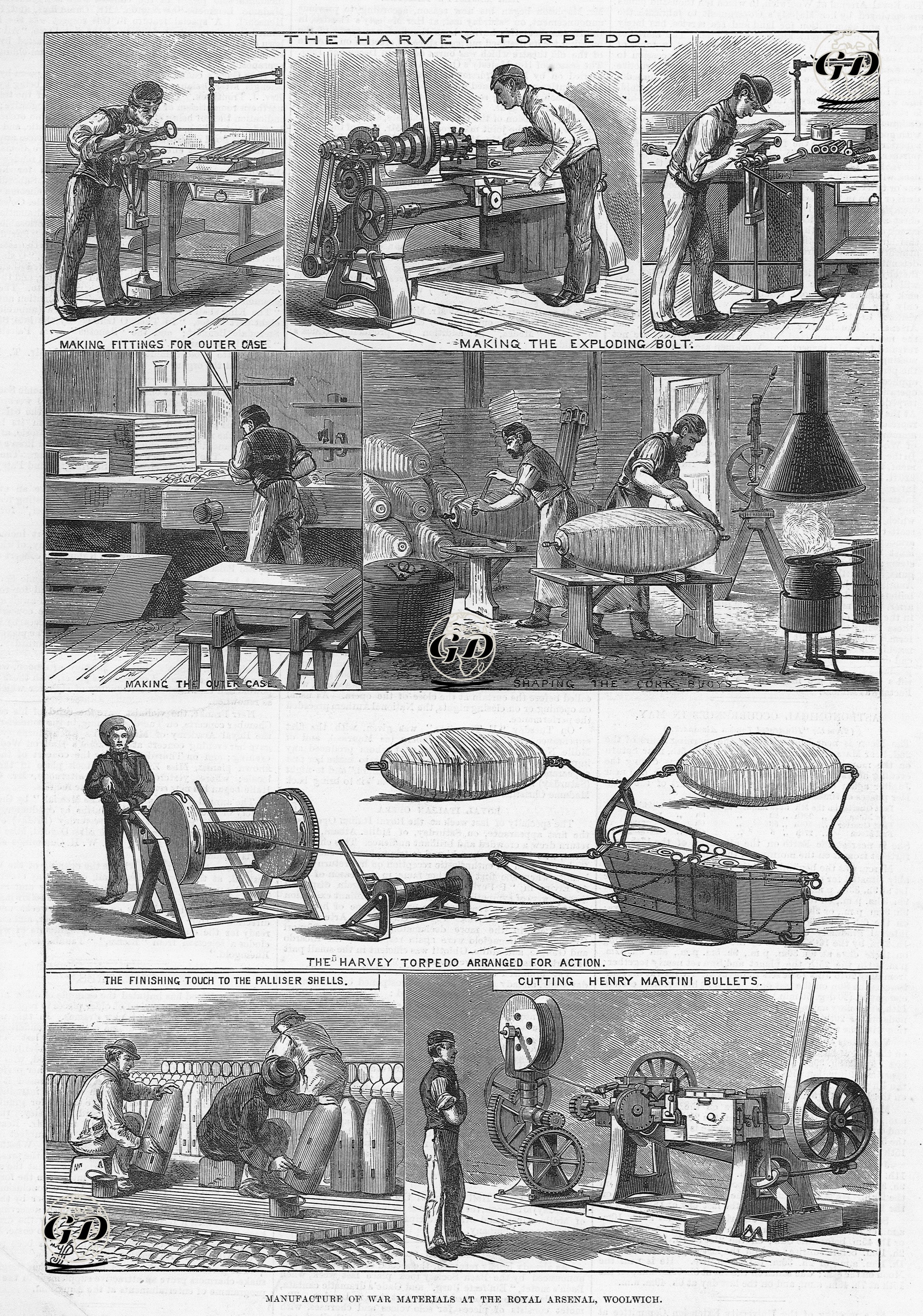 Manufacture Of War Materials At The Royal Arsenal, Woolwich-The Harvey Torpedo- Making Fittings For Outer Case, Making The Exploding Bolt,Making The Outer Case, Shaping The Cork Buoys, The Harvey Torpedo Arranged For Action-The Finishing Touch to Palliser Shells- Cutting Henry Martini Bullets -  - 1877