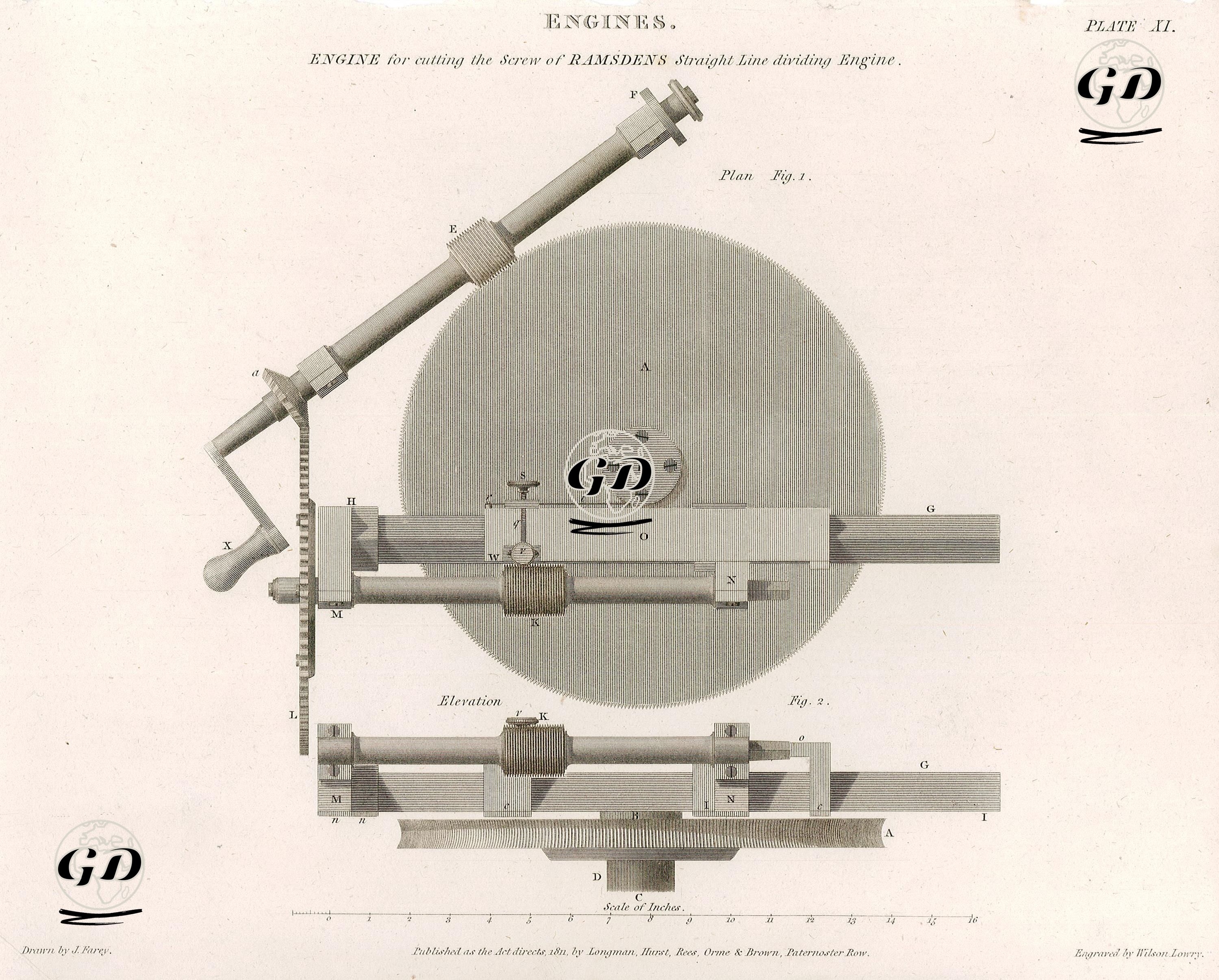 Engines, Engine For Cutting The Screw Of Mr. Ramsdens Straight Line Dividing Engine, Plan, Elevation, Plate XI - John Farey (1791-1851) - 1811