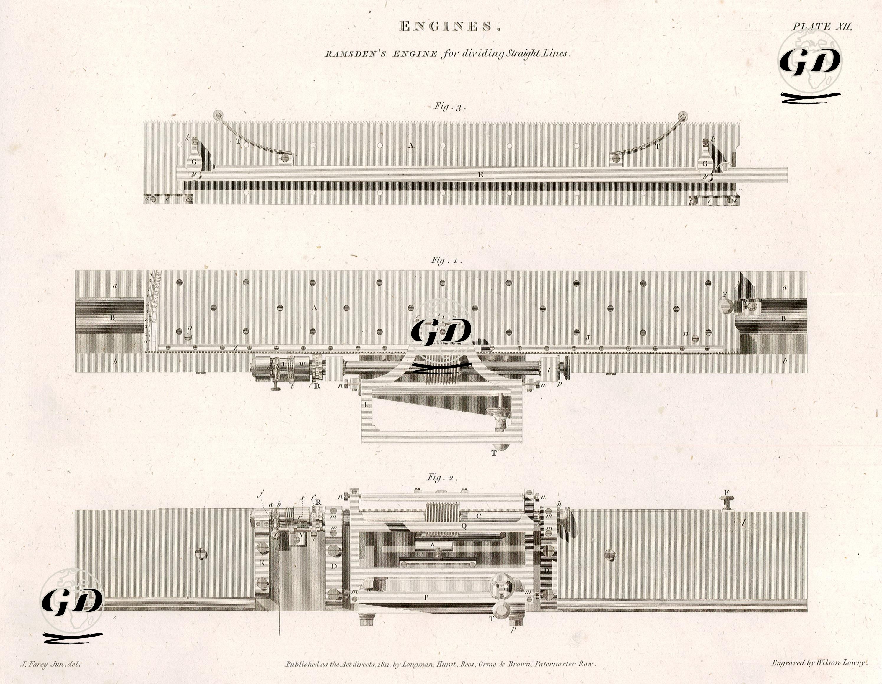 Engines, Ramsden's Engine For Dividing Straight Lines, Plate XII. - John Farey (1791-1851) - 1811