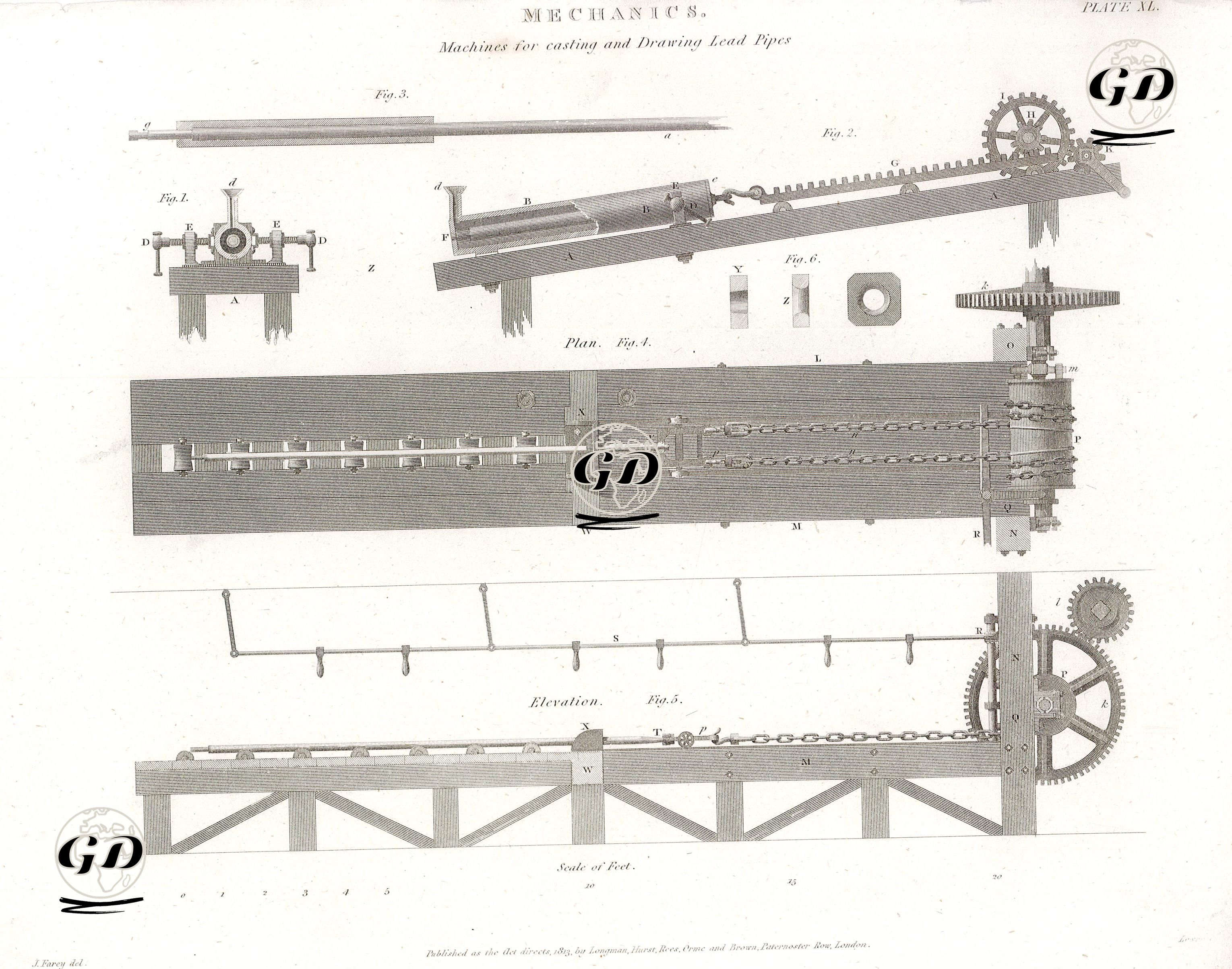 Mekanik (Makineler), Döküm ve Çekme Borular İçin Kullanılan Makine Plate XL. - John Farey (1791-1851) - 1813
