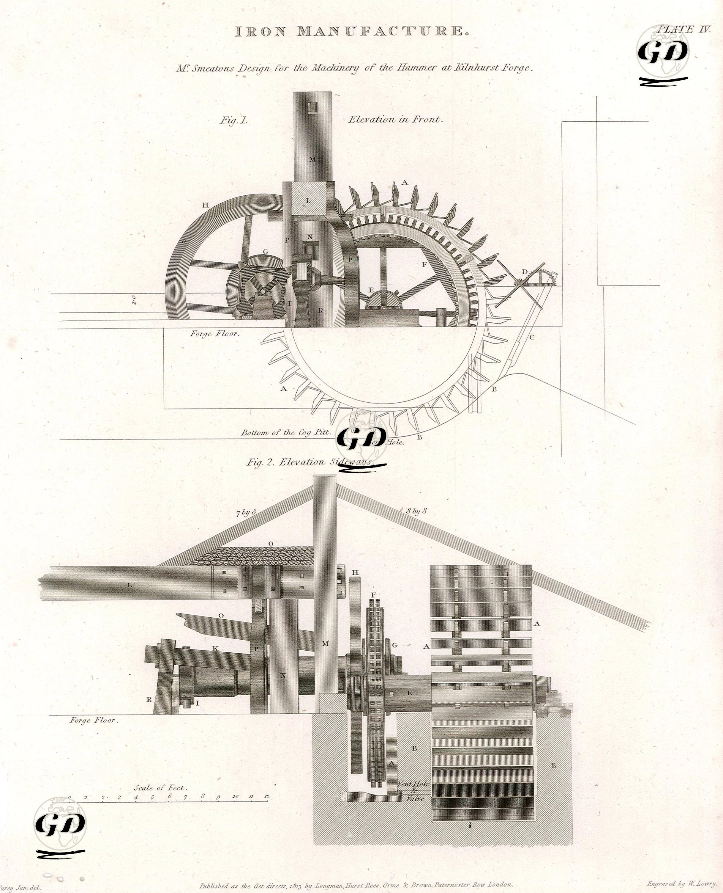Demir Üretimi, John Smeaton'in İcat Ettiği Kilnhurst Ocağında Çekiç Makinesi  Plate IV. - John Farey (1791-1851) - 1813