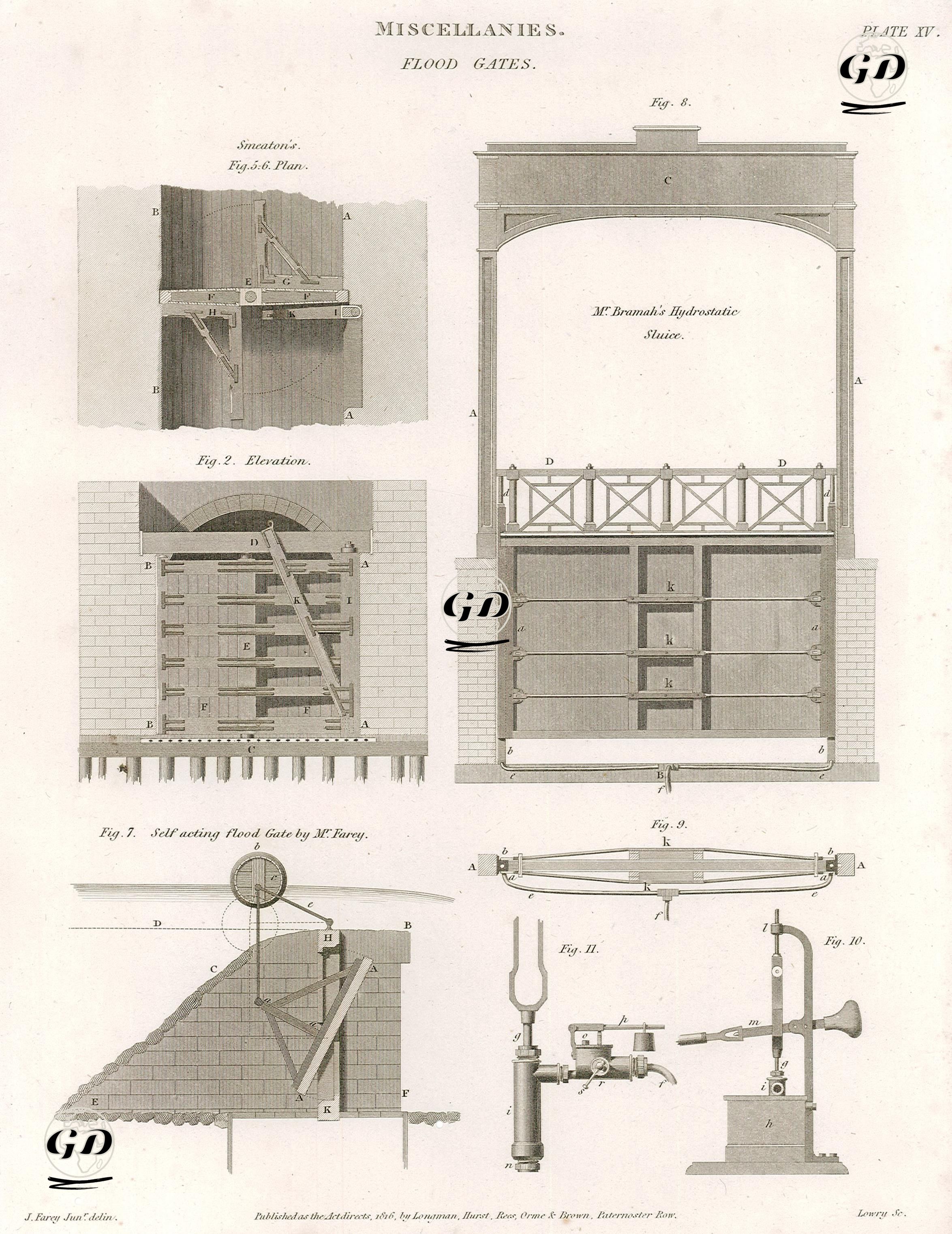Bent Kapakları, John Smeaton'un İcat Ettiği Kapak, Joseph Bramah'ın İcat Ettiği Hidrostatik Kapı, Farey'in İcat Ettiği Otomatik Çalışan Sel Kapısı, Plate XV. - John Farey (1791-1851) - 1816