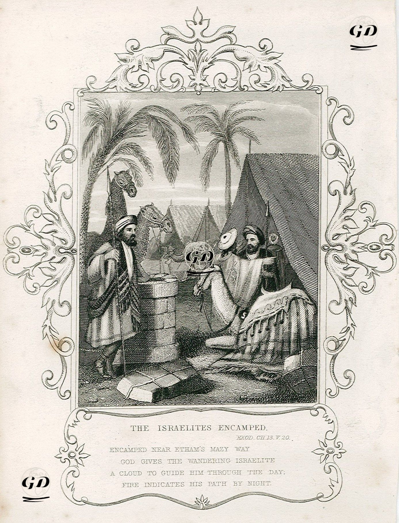The Israelites Encamped, Exod. Ch. 13. V. 20.-Encamped Near Etham's Mazy Way, God Gives The Wandering Israelite,
 A Cloud to Guide Him Through The Day, Fire Indicates His Path By Night -  - 1830's