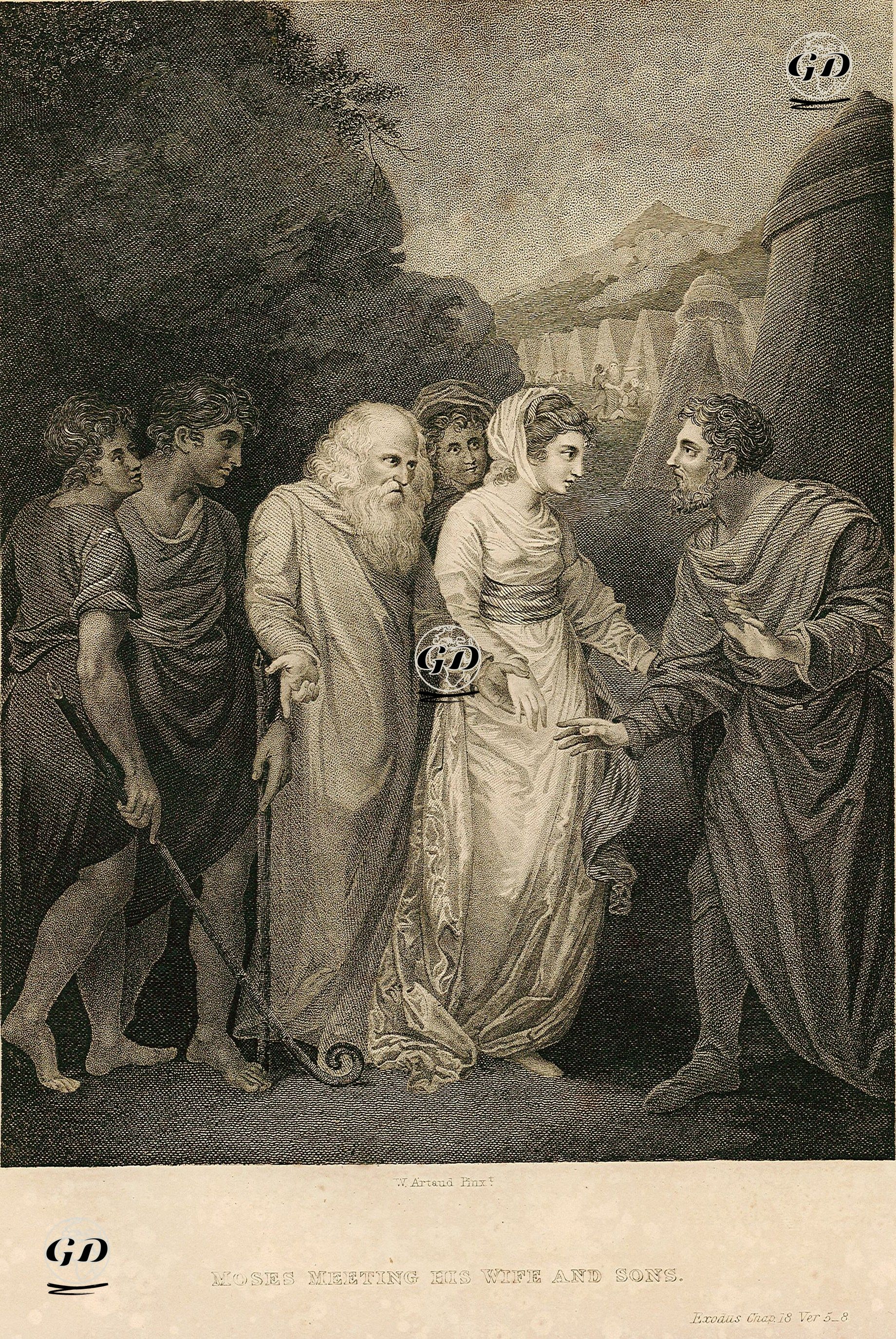 Musa Peygamberin Karısı ve Çocukları İle Buluşması, Exodus (Mısır'dan Çıkış), Chapter (Bölüm) 18. Verse (Ayet) 5.8. - William Artaud (1763-1823) - 1835