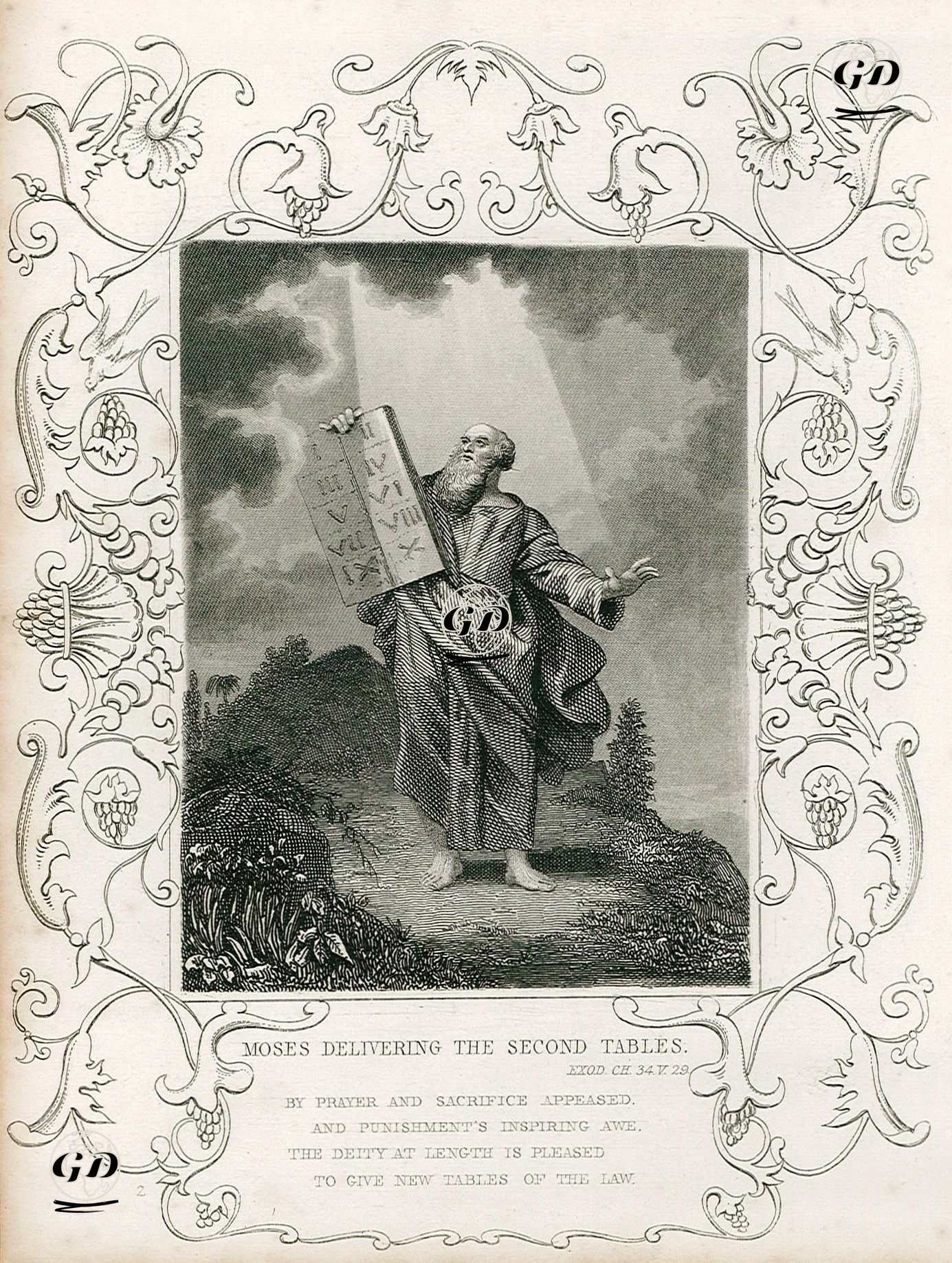 Moses Delivering The Second Tables, Exod. Ch. 34. V. 29.-By Prayer And Sacrifice Appeased And Punishment's İnspiring 
Awe, The Deity at Length is Pleased to Give New Tables Of The Law -  - 1830's