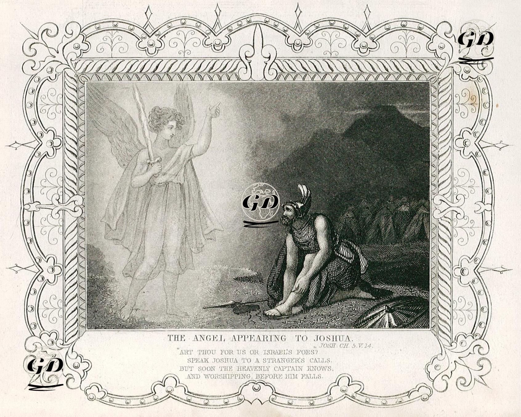The Angel Appearing To Joshua, Josh. Ch. 5. V. 14.-Art Thou For Us Or Israel's Foes? Speak joshua To A Stranger's Calls 
But Soon The Heavenly Captain Knows And Worshipping Before Him Falls -  - 1830's