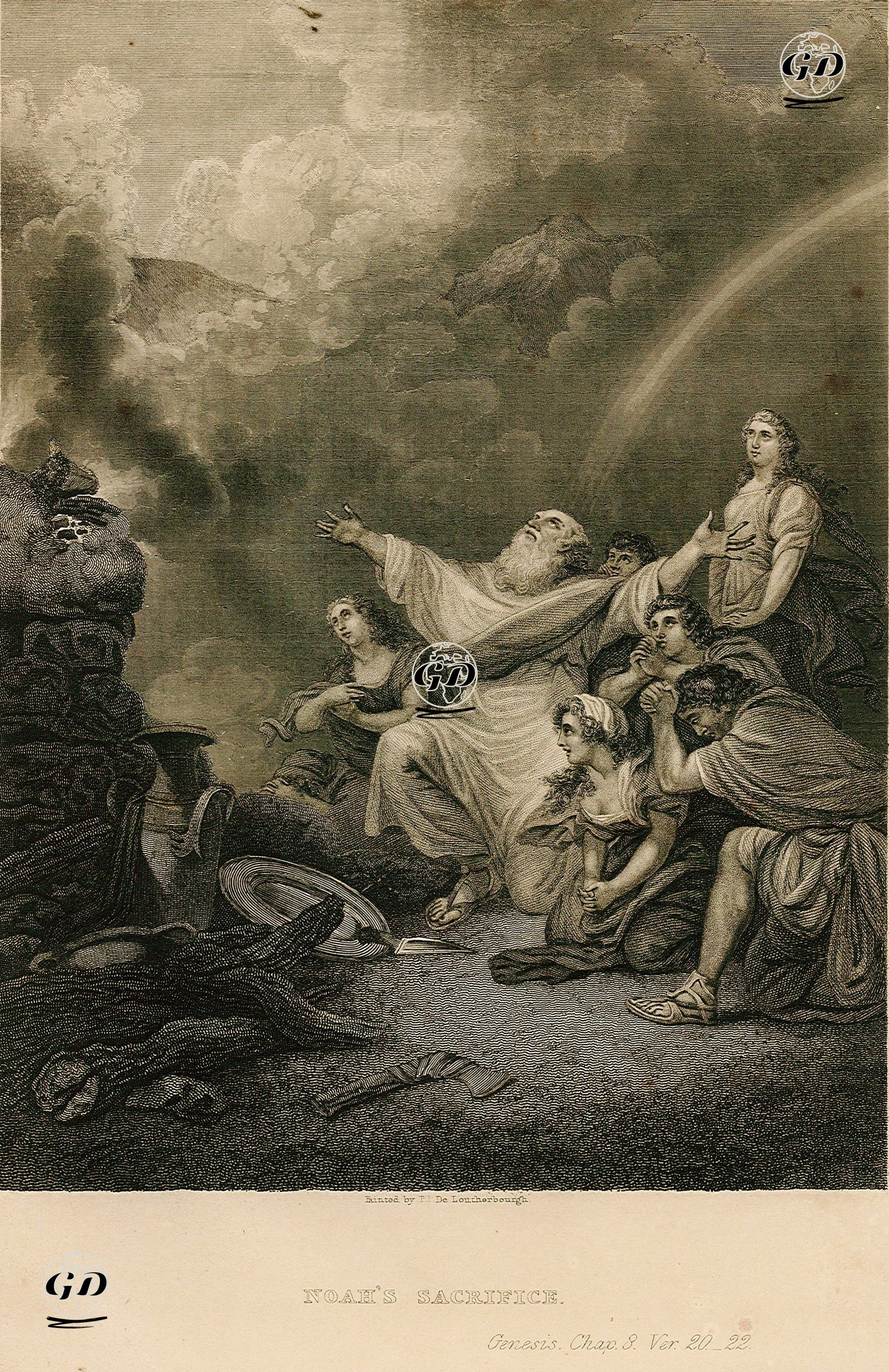 Hazreti Nuh'un Tanrı'ya Kurban Sunması, Genesis (Diriliş), Chapter (Bölüm) 8. Verse (Ayet) 20.-22. - Philip James de Loutherbourg (1740-1812) - 1835