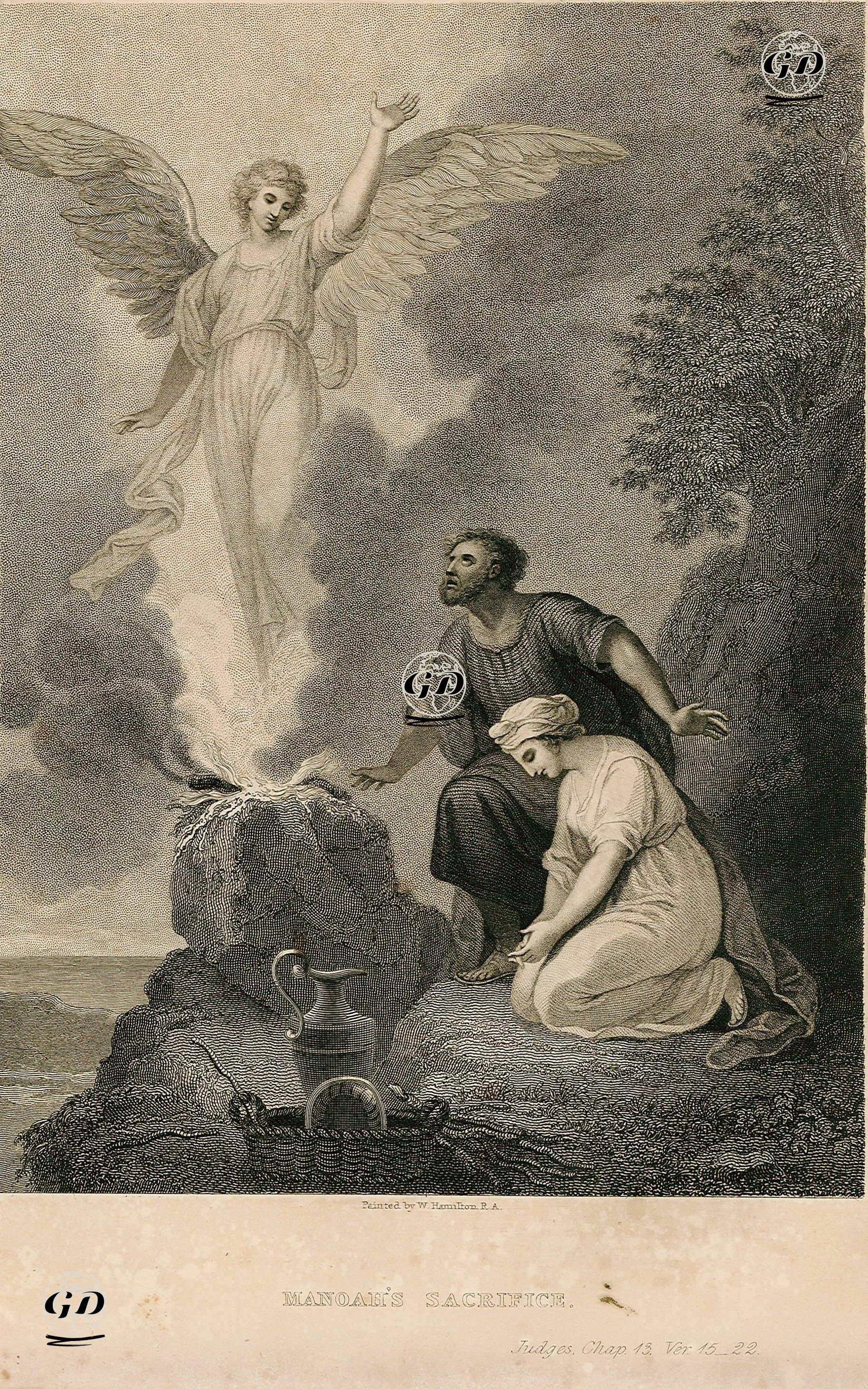 Manoah'ın Adağı ve Meleğin Sunağın Alevi İçinde Yükselerek Göğe Çıkması, Judges (Hakimler), Chapter (Bölüm) 13. Verse (Ayet) 15.22. - William Hamilton (1751-1801) - 1835