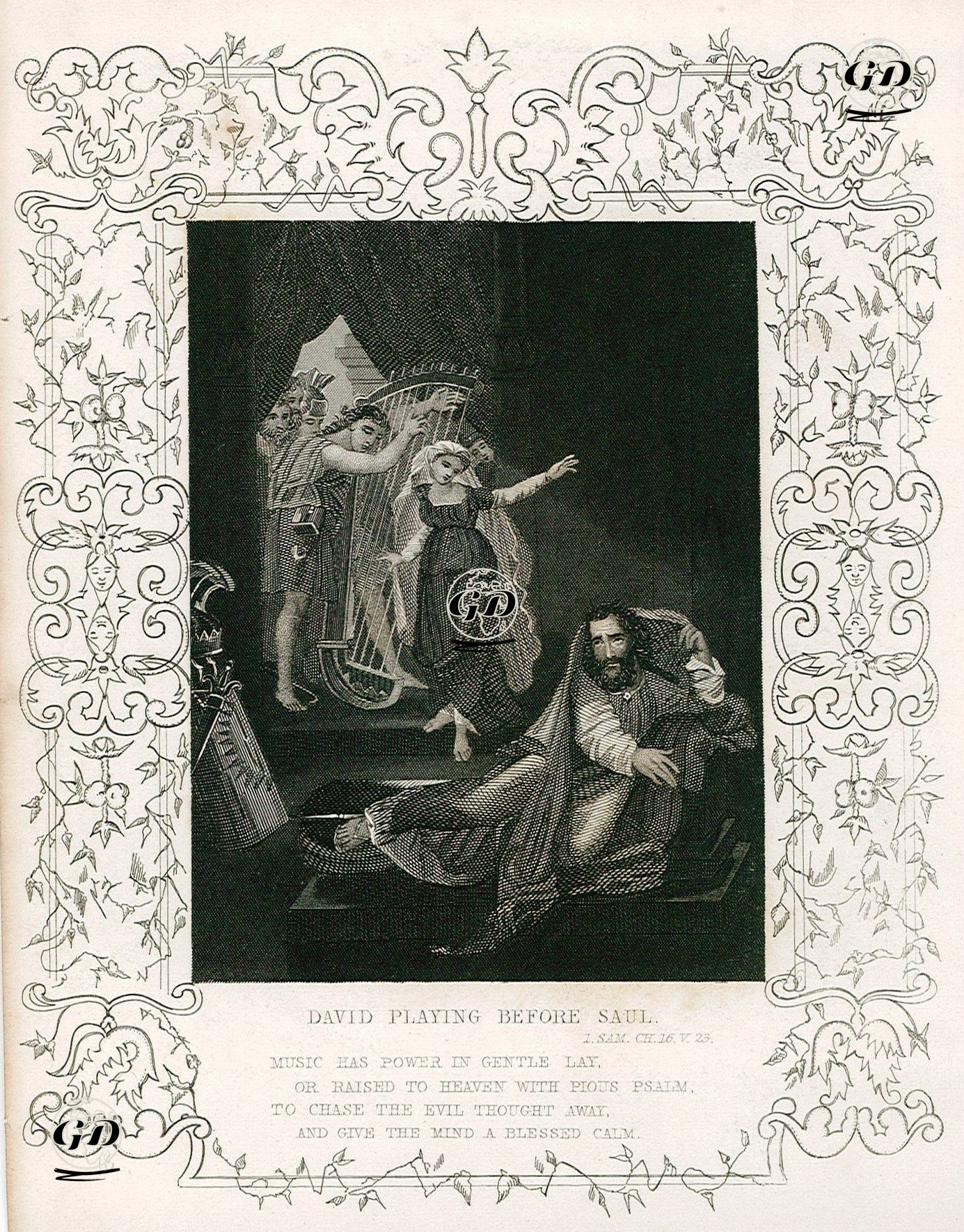 David Playing Before Saul, 1.Sam. Ch. 16. V. 25.-Music Has Power in Gentle Lay Or Raised To Heaven With Pious Psalm To Chase The Evil Thought Away And Give The Mind A Blessed Calm -  - 1830's