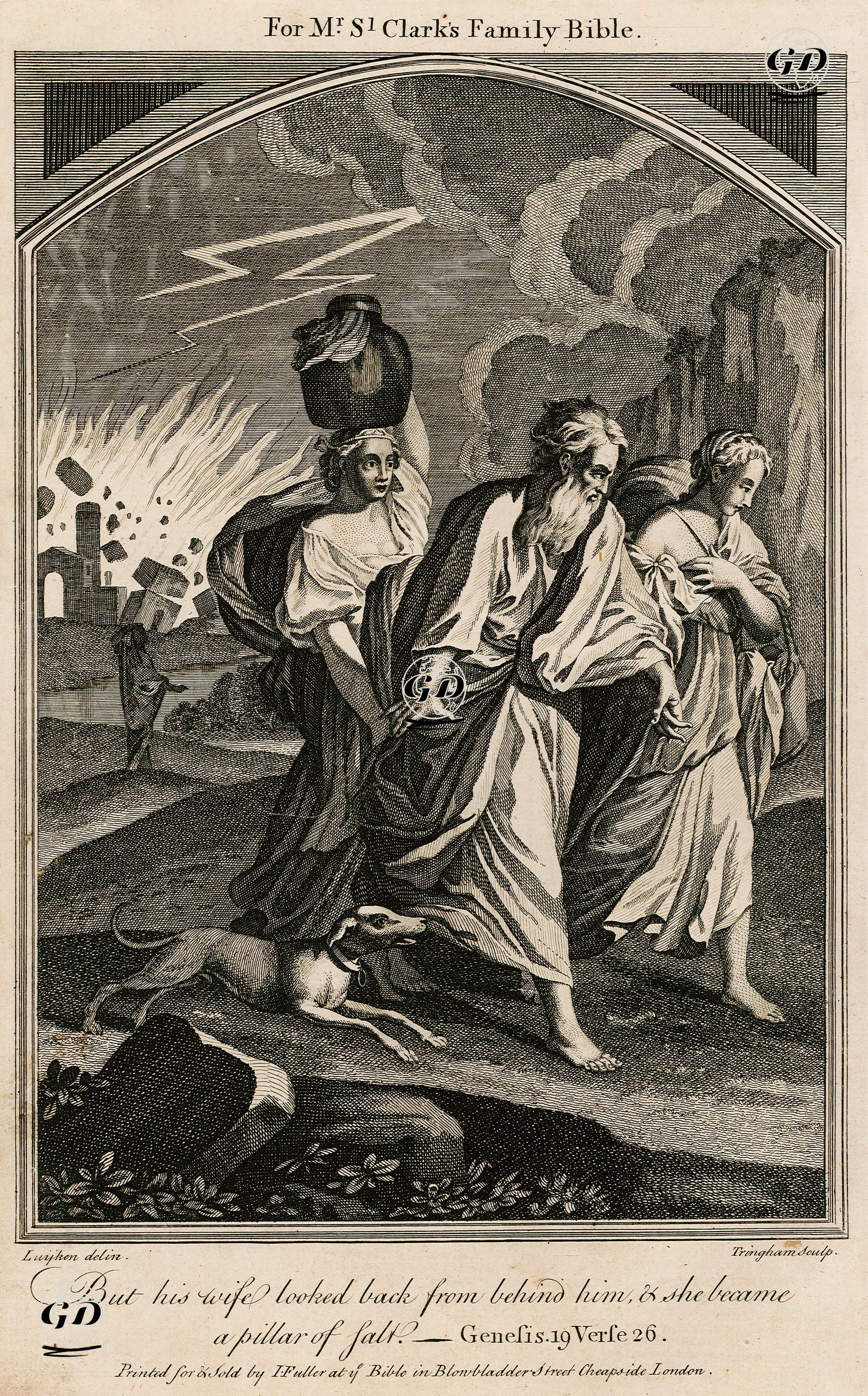 But His Wife Looked Back From Behind Him & She Became A Pillar Of Salt, Genesis.19 Verse 26. - Jan Luyken (1649-1712) - 1750's