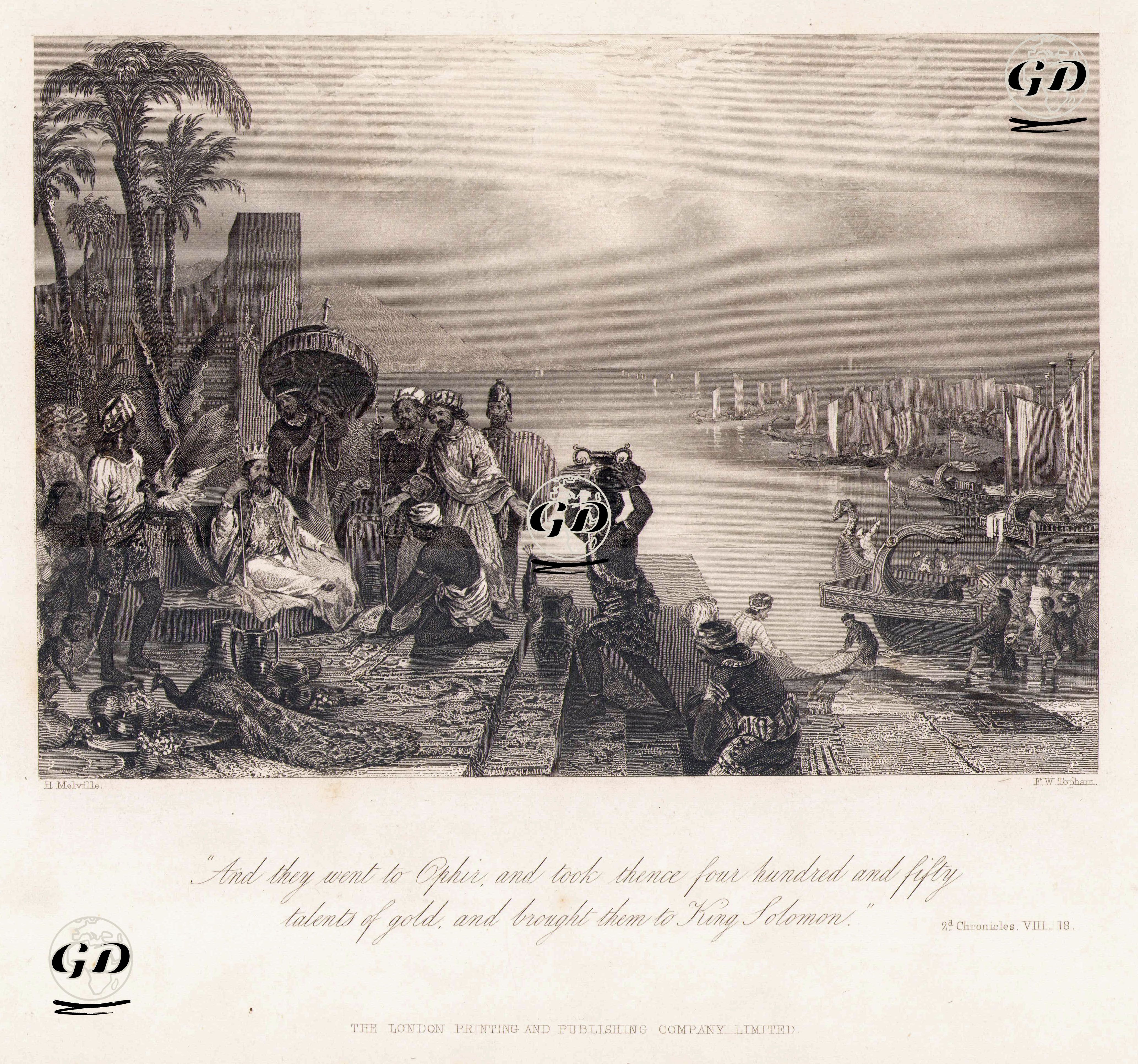 Ofir'e Giden Gemicilerin Hazreti Süleyman'a Dörtyüzelli Altın Getirmesi, 2. Chron. (Tarihler), Chapter (Bölüm) 8. Verse (Ayet) 18. - Henry Melville (1792-1870) - 1860