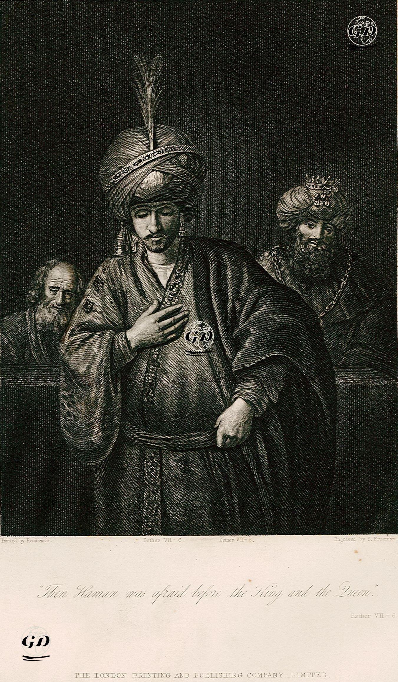 Haman'ın Kral Ve Kraliçenin Önünde Dehşete Kapılması, Esther, Chapter (Bölüm) 7. Verse (Ayet) 6. - Rembrandt Harmenszoon van Rijn (1606-1669) - 1850's