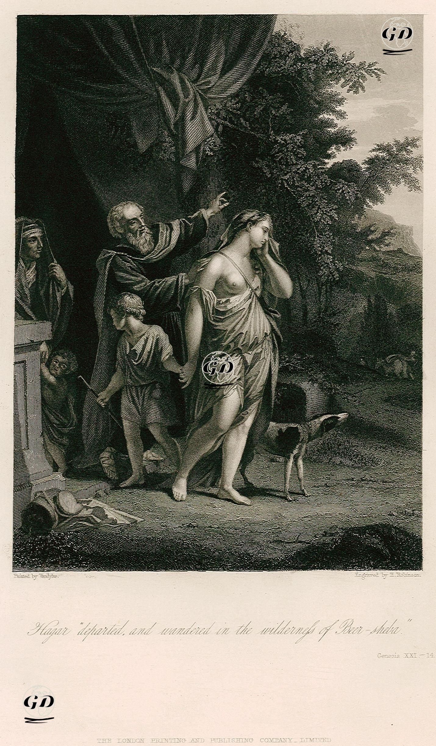 Hazreti Hacer ve Oğlu Hazreti İsmail'in Evden Gönderilmesi ve Beer-Şeva Çölünde Dolaşmaları, Genesis (Diriliş), Chapter (Bölüm) XXI. Verse (Ayet) 14. - Anthony Van Dyck (1599-1641) - 1860