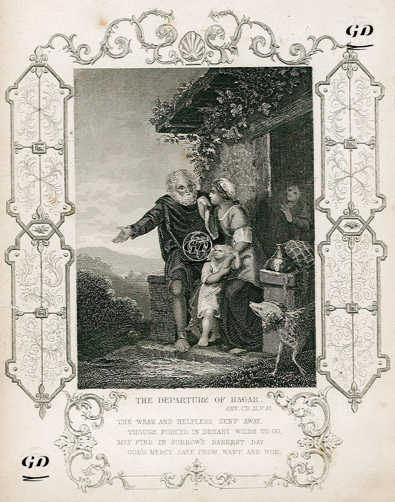 Hazreti Hacer ve Oğlu Hazreti İsmail'in  Evden Gönderilmesi, Genesis (Diriliş), Chapter (Bölüm) 21. Verse (Ayet) 14. -  - 1830's