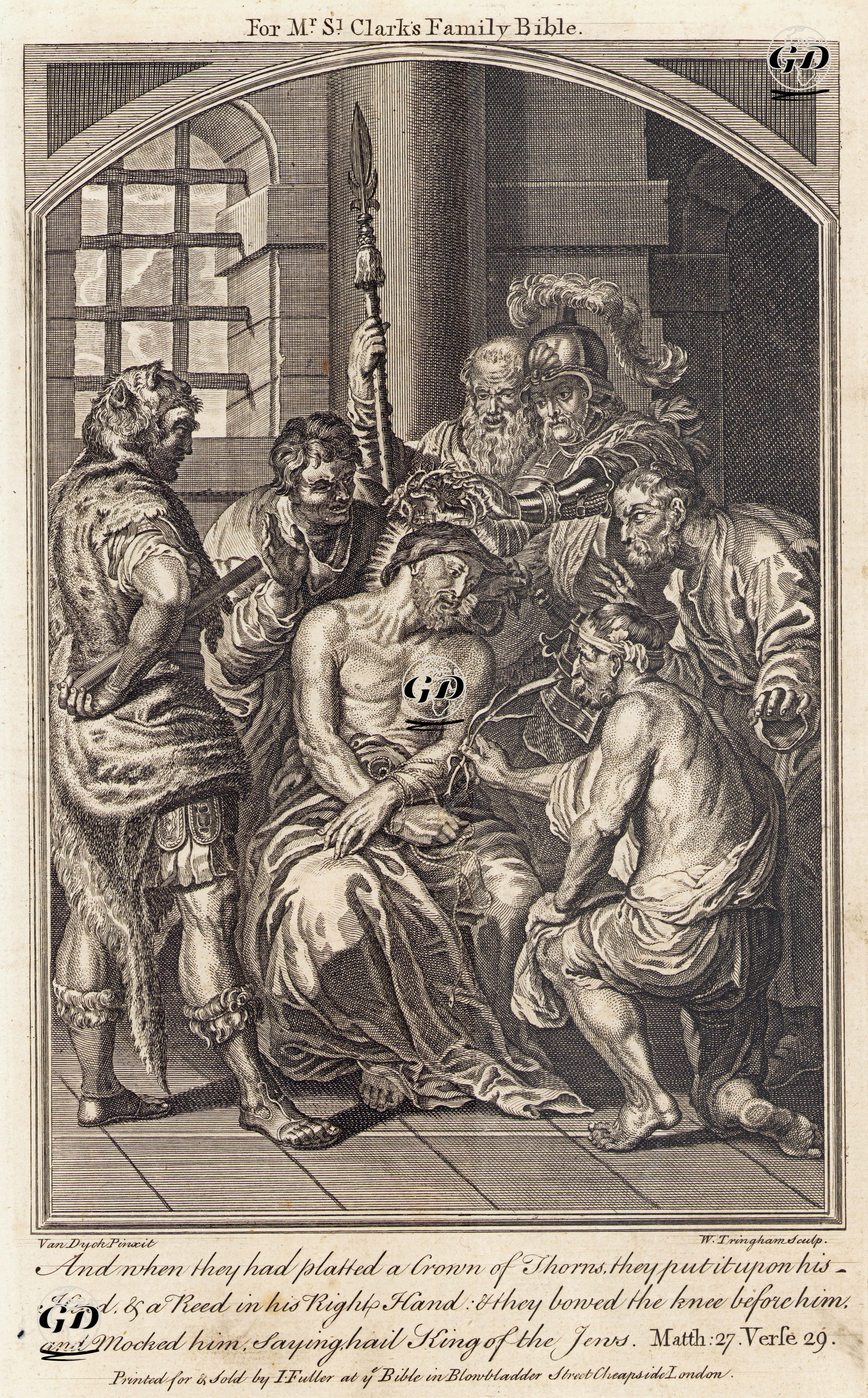 And When They Had Platted A Crown Of Thorns, They Put it Upon His Head & A Reed in His Right Hand, & They Bowed The Knee Before Him, and Mocked Him, 
Saying, Hail, King of The Jews. Matth. 27. Verse 29. - Anthony Van Dyck (1599-1641) - 1750's