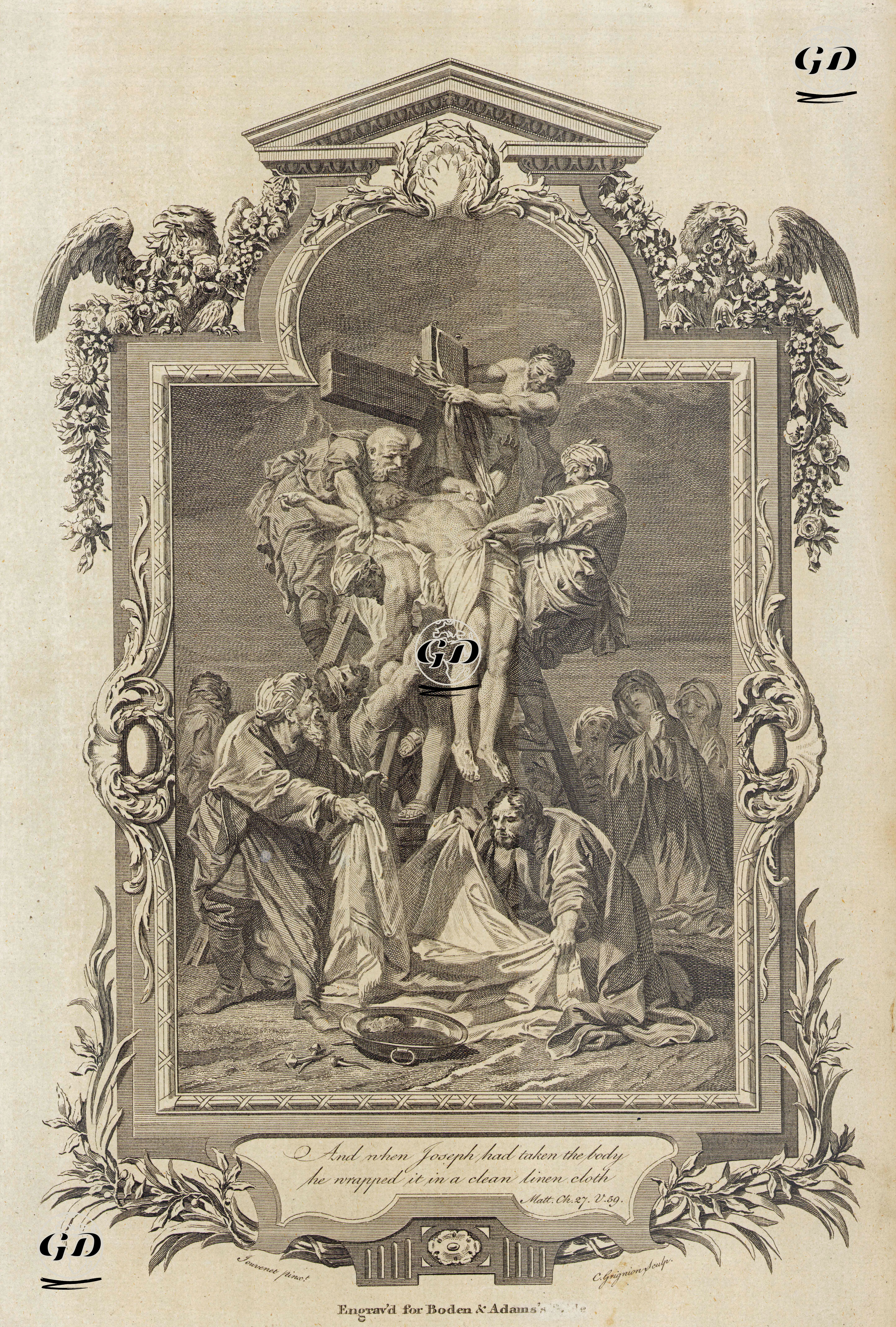 Aramatyalı Yusuf'un Hazreti İsa'nın Cesedini Çarmıhtan Alması ve Keten Beze Sarması, Matthew (Matta), Chapter (Bölüm) 27. Verse (Ayet) 59. - Jean Jouvenet (1644-1717) - 1769